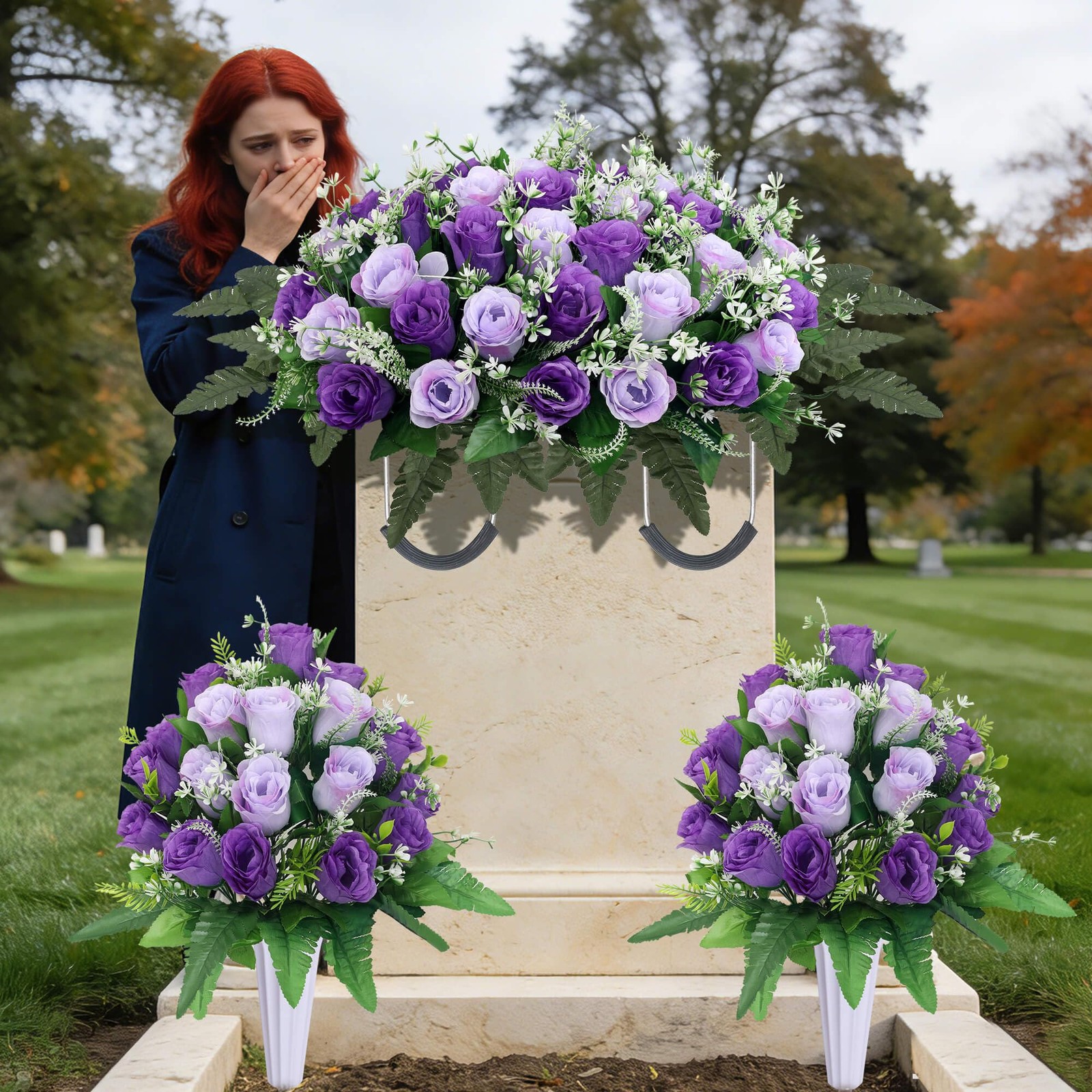 Lodou 3 Sets Cemetery Flowers for Grave,Headstone Flower Saddle,Grave Memoria…
