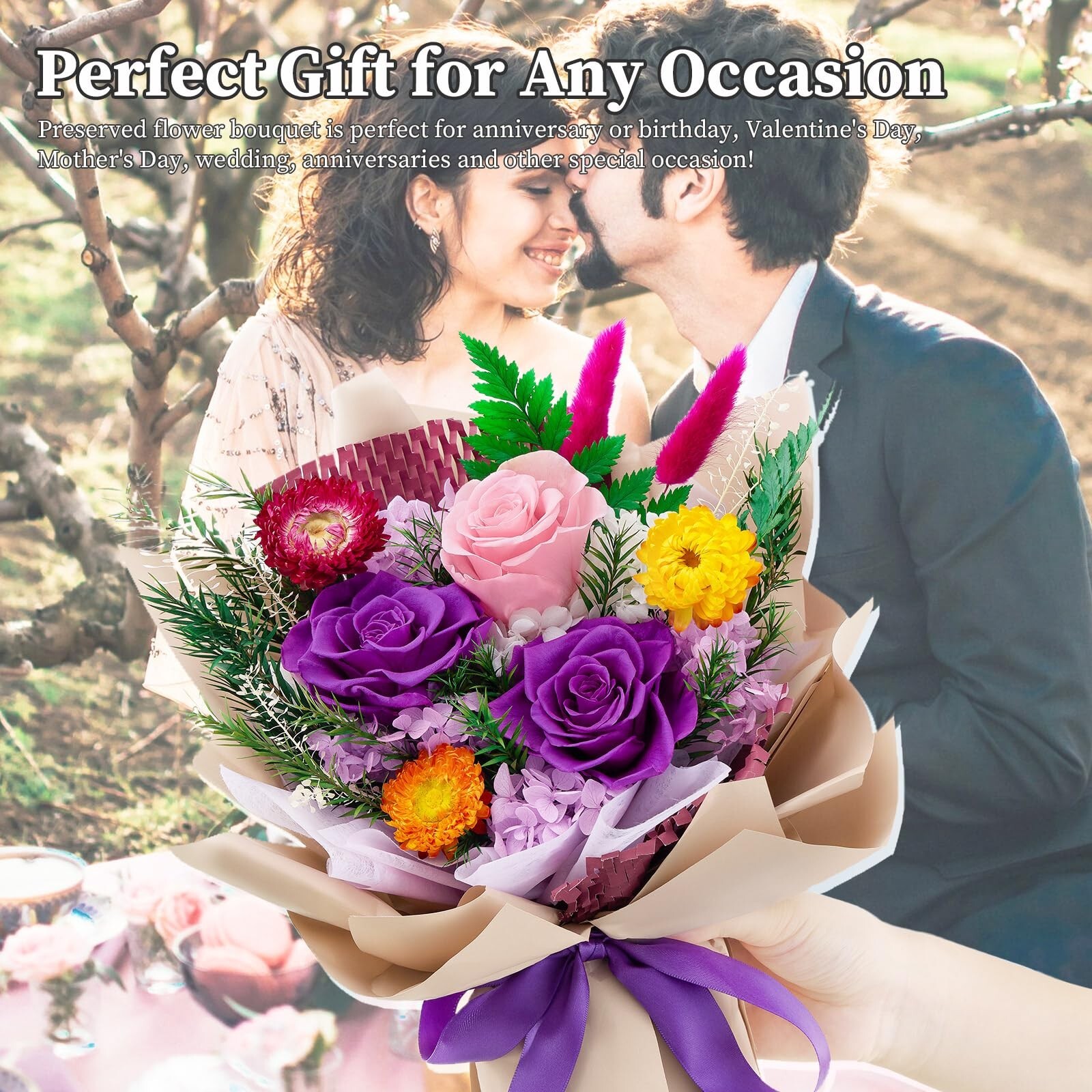 Preserved Flowers Bouquets, Forever Roses Bouquets Purple Flowers Gifts for M…