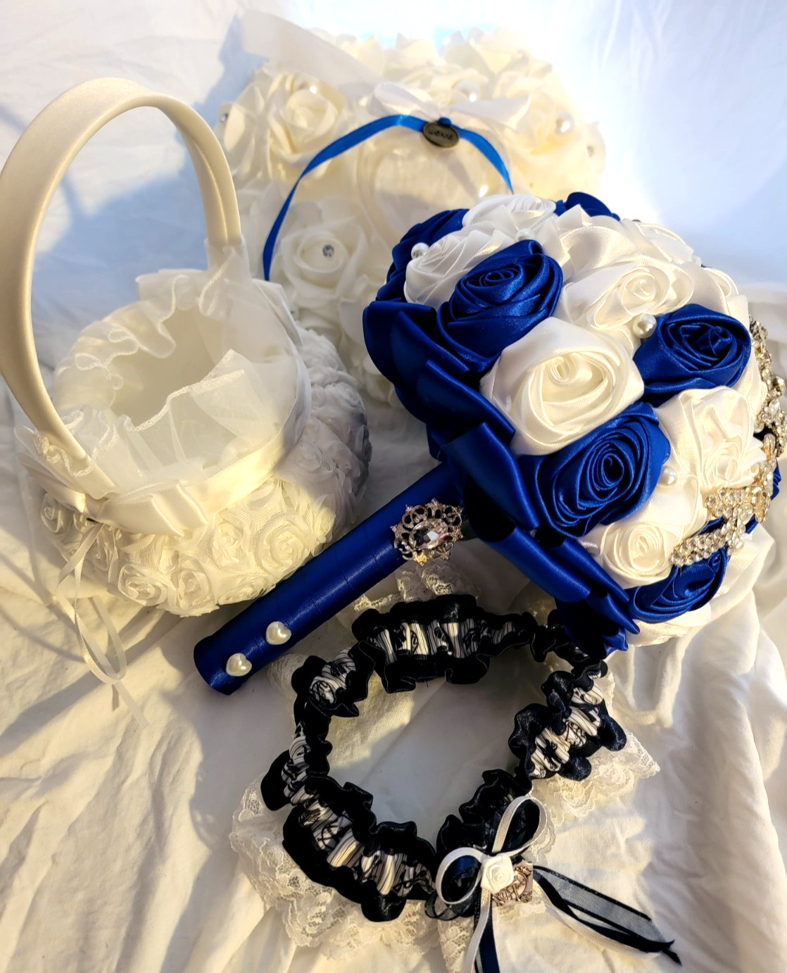 SET Bridal Wedding Bouquet Rhinestone Throw Toss Crystal Satin PLUS Flower Girl