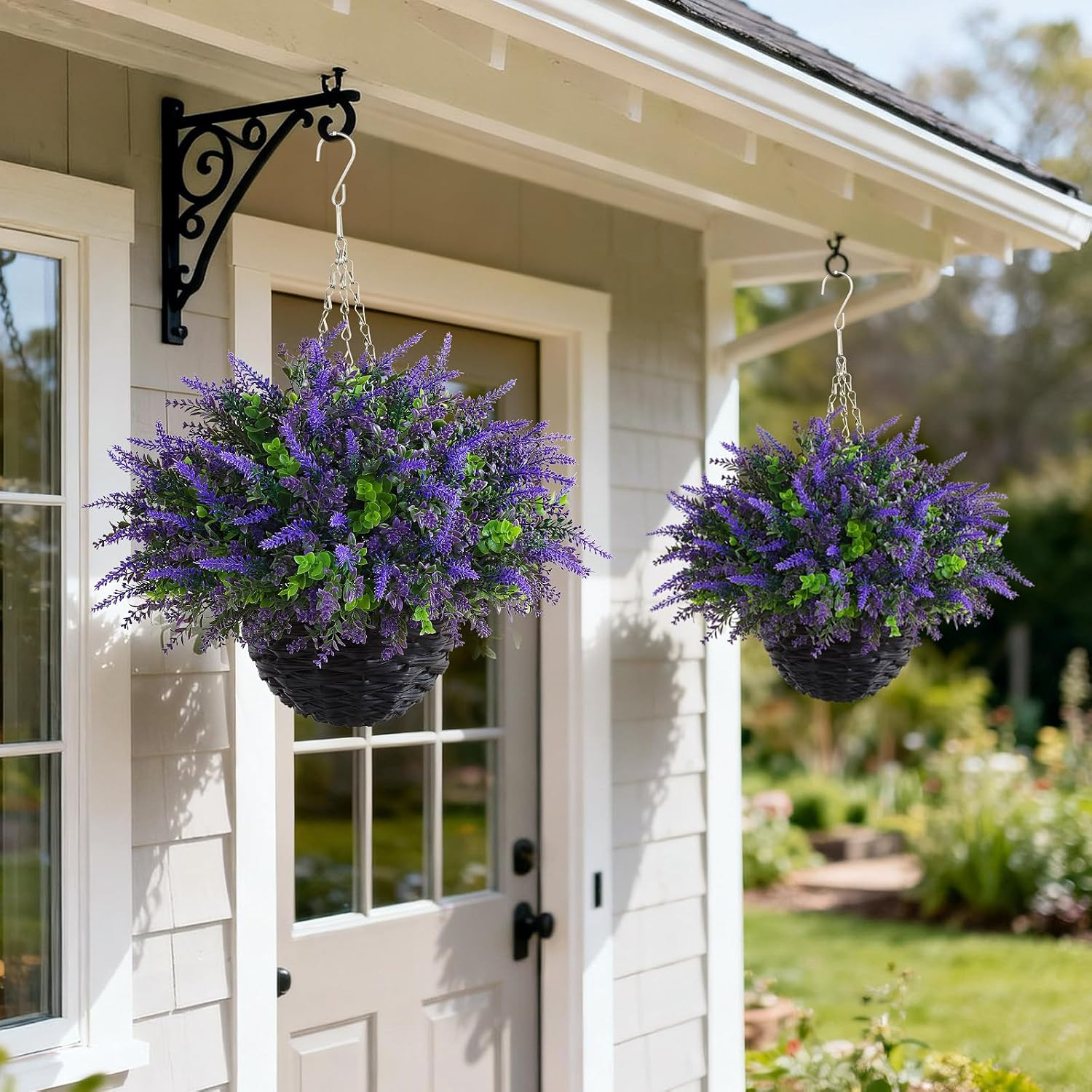 2 Sets Artificial Lavende & Eucalyptus Leaves Hanging Basket for Outdoor,Uv-Resi