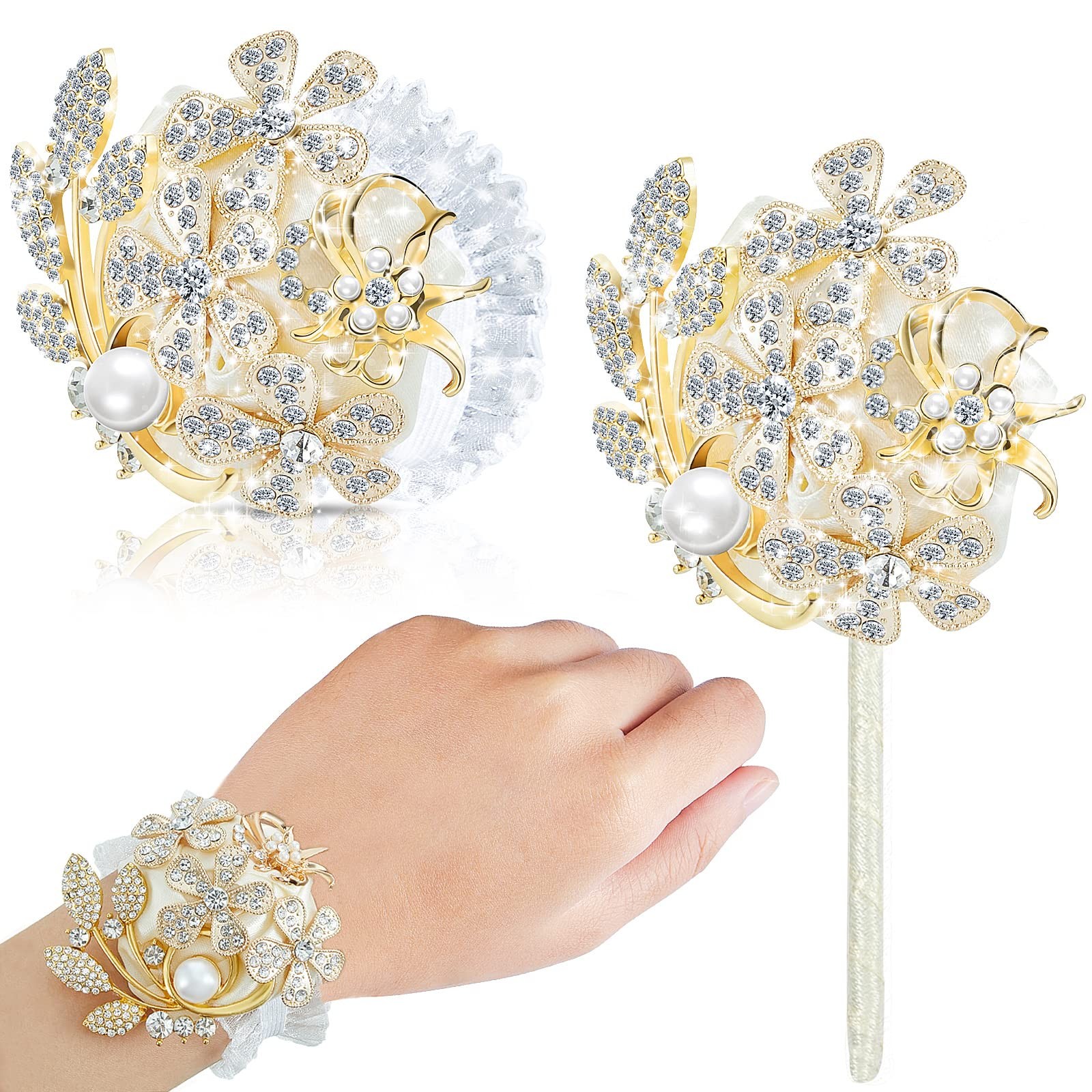 2 PCS Rhinestone Wrist Corsage And Boutonniere Set Artificial Flower Prom