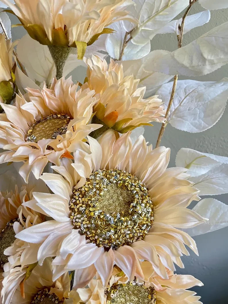 Peach Sunflowers Floral Arrangement: Fancy Table Centerpiece, Modern Home Decor