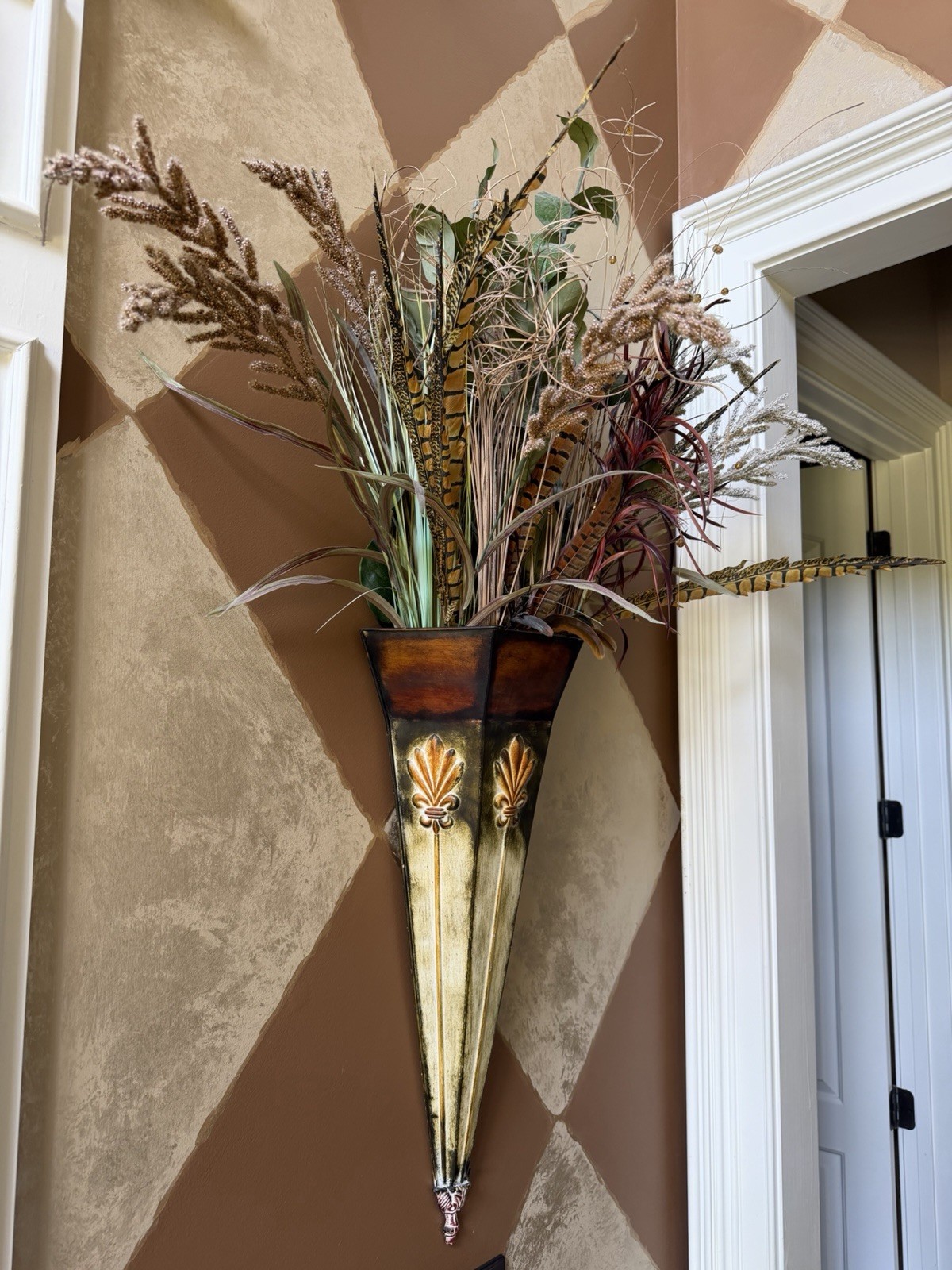 Artificial Grass Fern Wall Arrangement in Metal Cone Brown Green