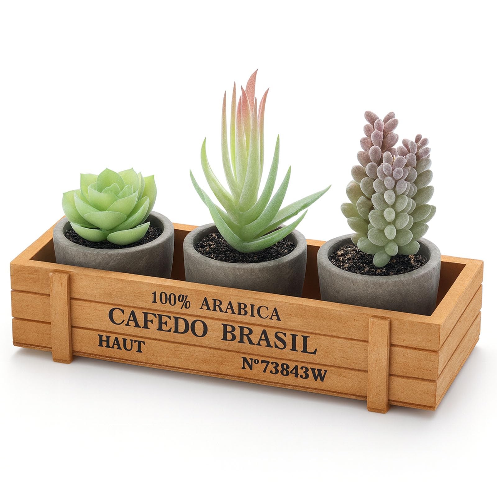 3 PCS Mini Potted Artificial Faux Succulent Plants Wood Planter Box Decor
