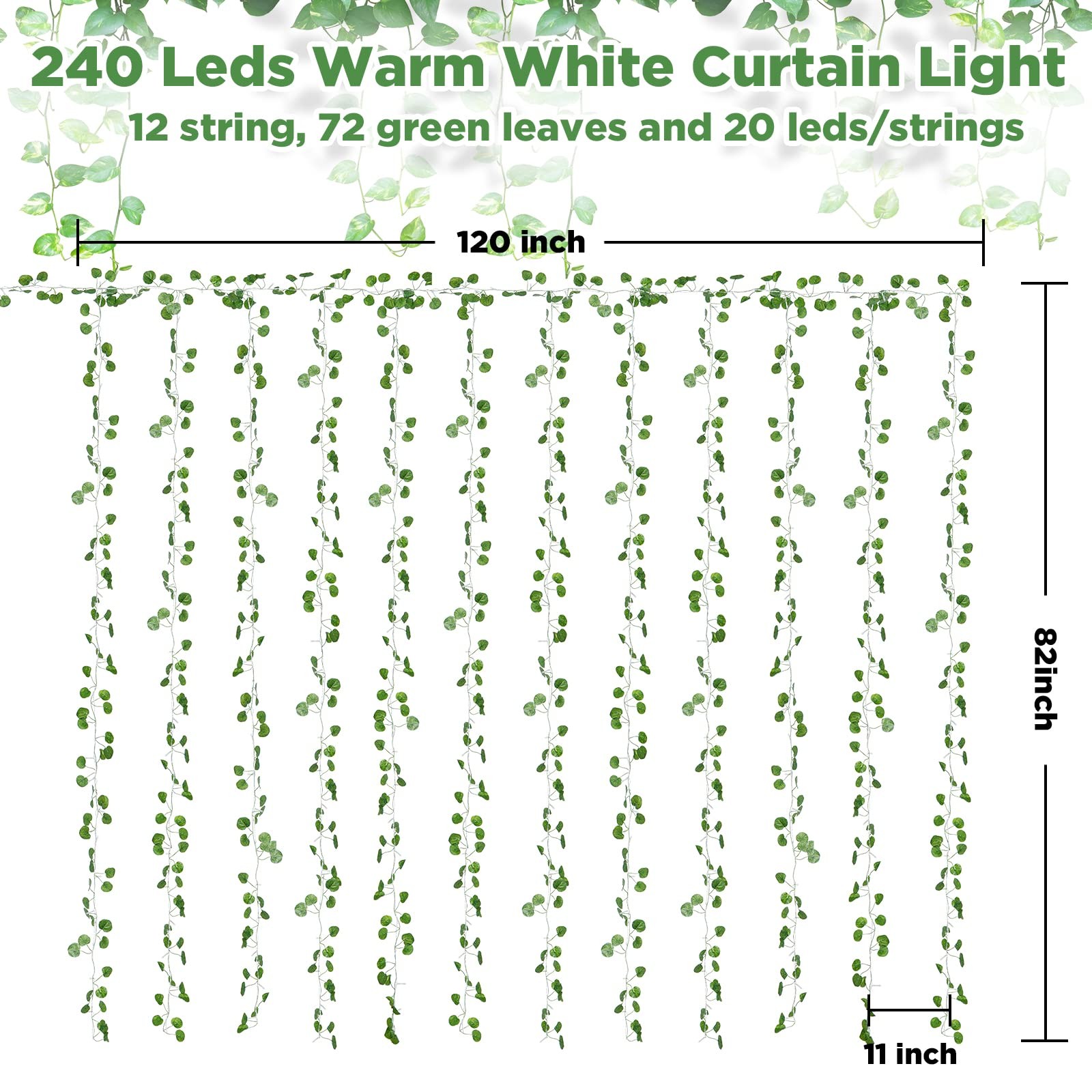 12 Pack Fake Vines Curtain String Light 240 8 Mode & Timer Hanging Ivy Lights…