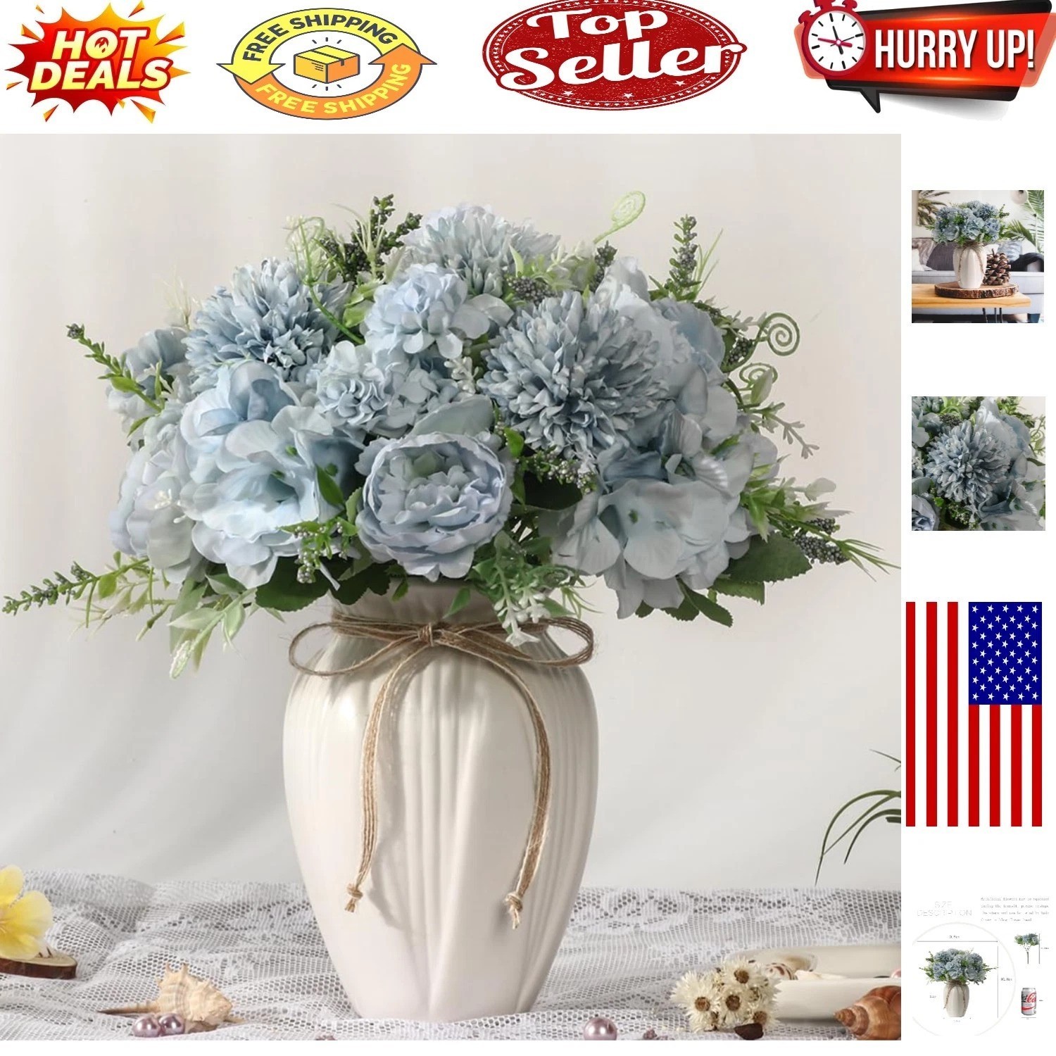 Chic Blue Faux Flower Bouquet with Ceramic Vase – Perfect Home Centerpiece