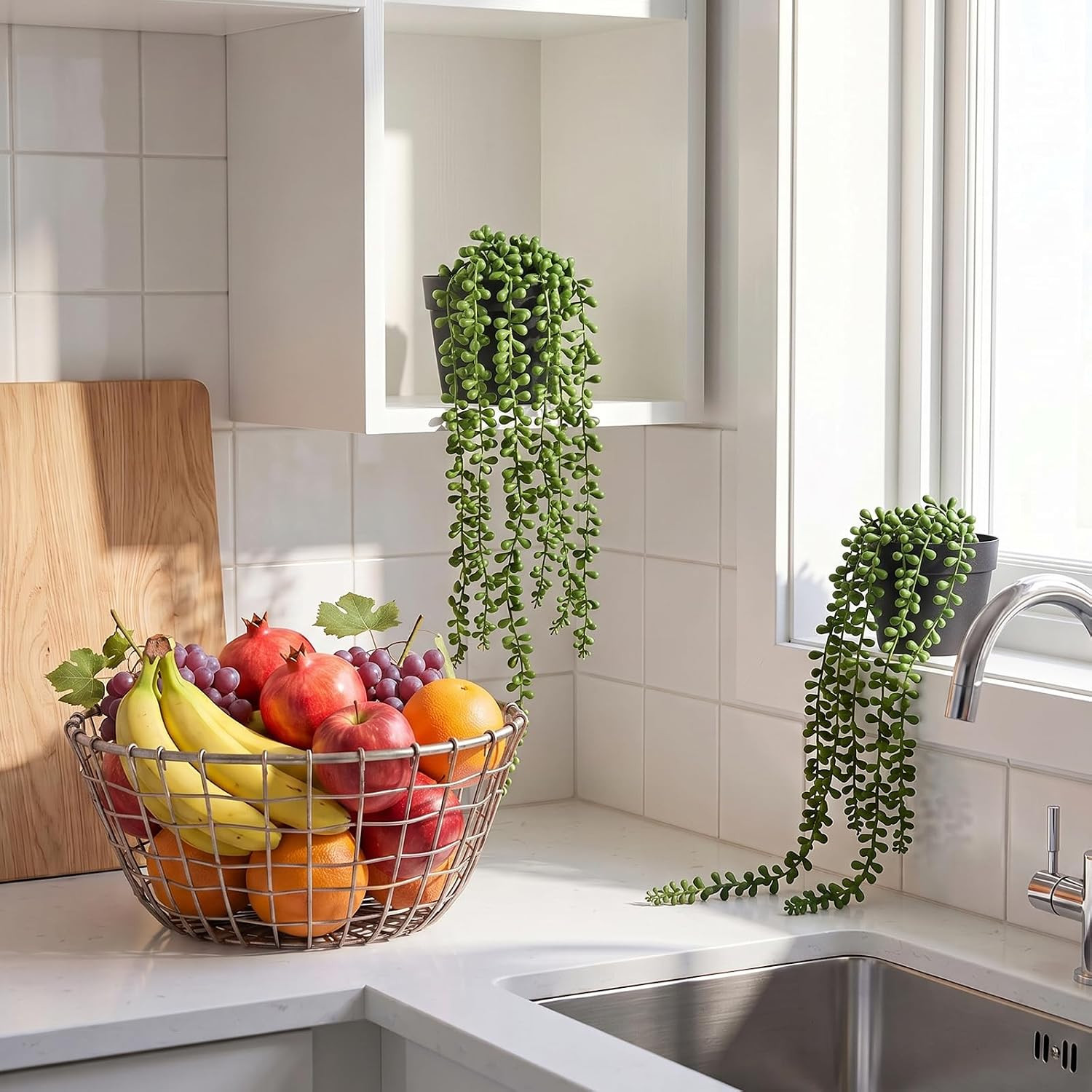 String of Pearls Plant Artificial, 2Pcs Faux Plants Indoor in Black Pots, Realis
