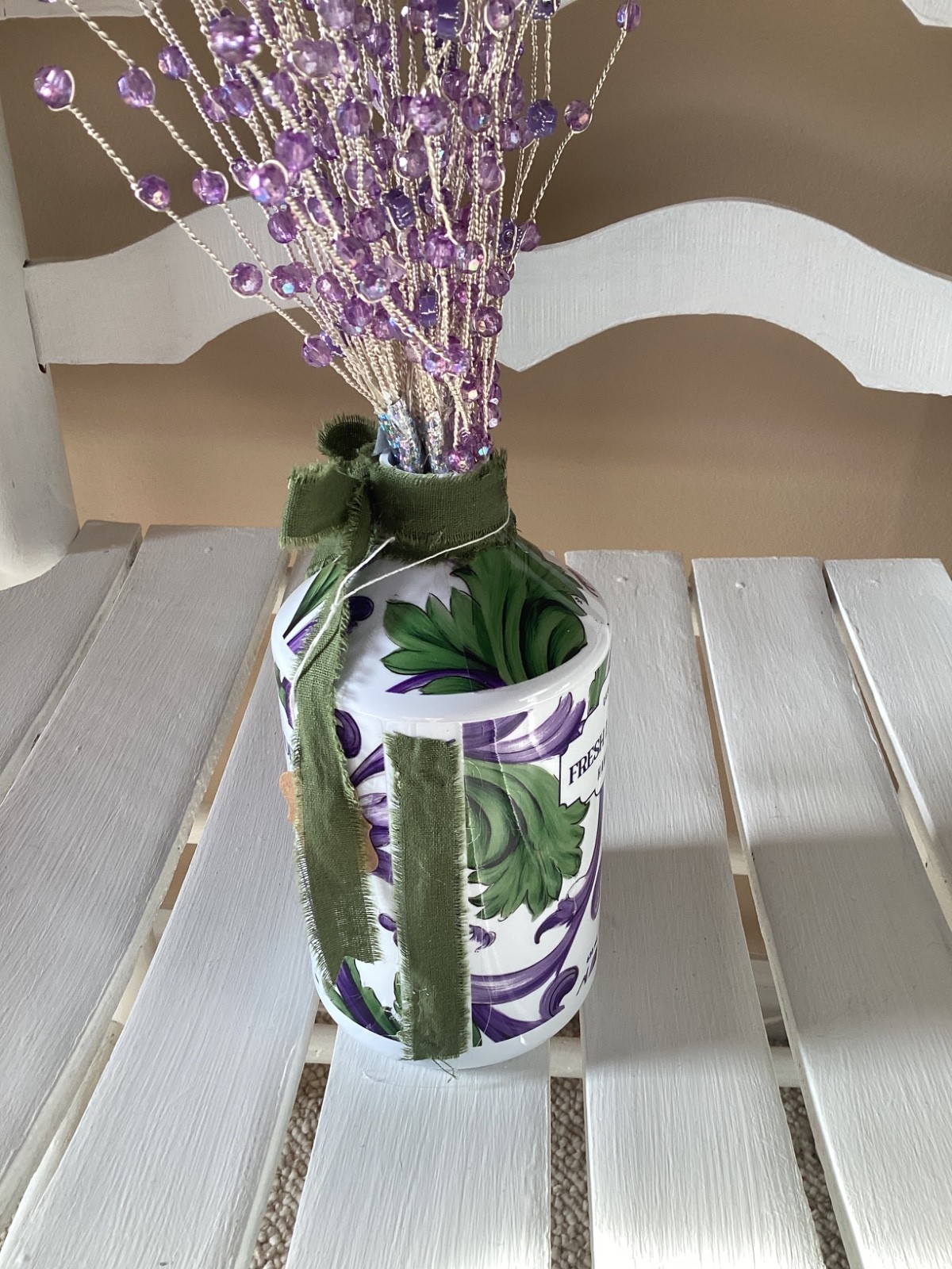 HANDMADE PURPLE HEART BEADS SILVER WIRE WRAP ARRANGEMENT BOUQUET W VASE GREEN