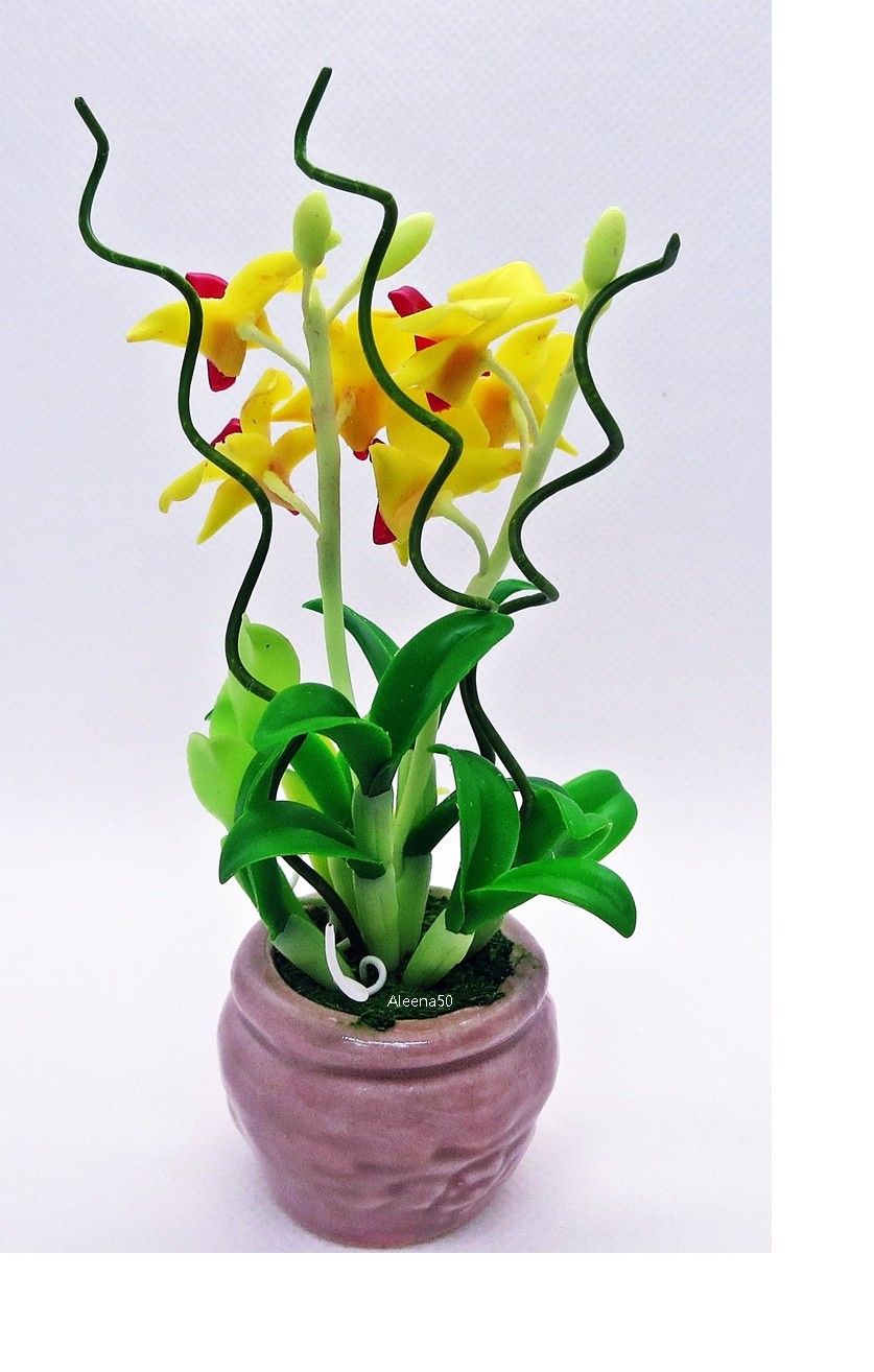 USstock 4″H Air-Dry-Clay Handmade Miniature Dendrobium Orchid Arrangement.