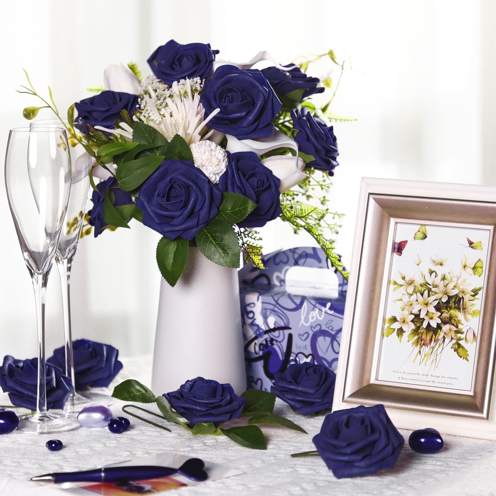 100 PCS Artificial Foam Rose Flower Faux Bouquet Wedding Fake Rose Navy Blue