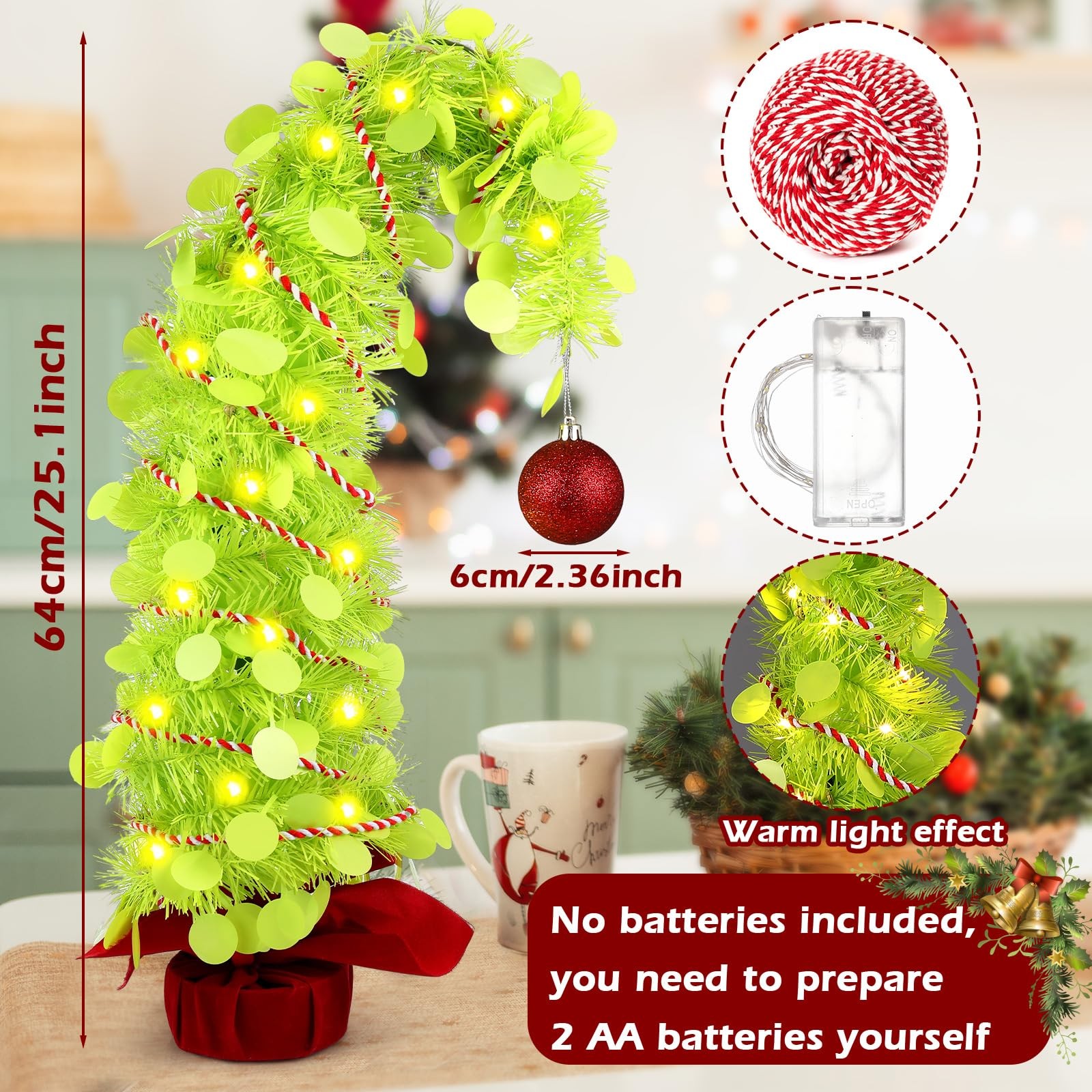 1 PCS 2.1 Ft Whimsical Table Top Christmas Tree Bendable Lime Green Curved