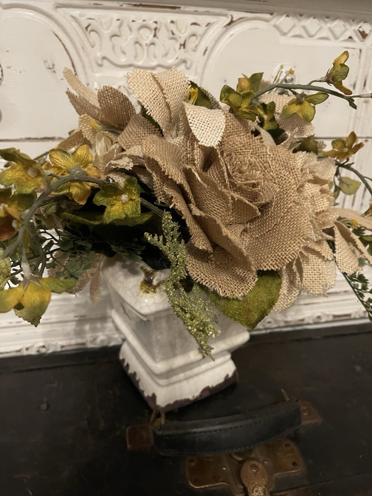 Burlap Flowers Farmhouse White Distressed Rustic Floral Centerpiece Decor