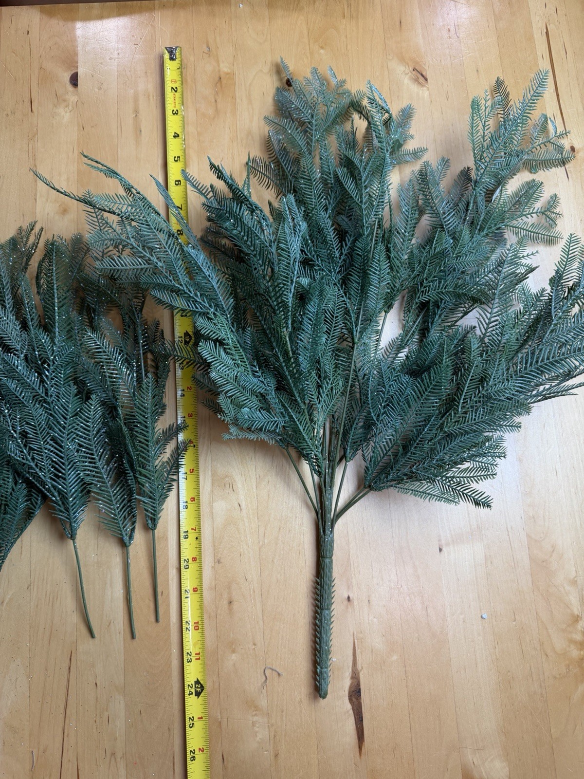 Lot of 17 Glittered Artificial Pine Branches – 1 Full Bush Stem + 16 Sprigs