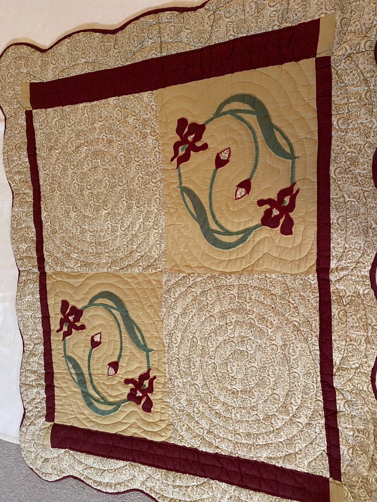 Hand Made Wall Hanging Floral Tan Red Green Hand Stitch