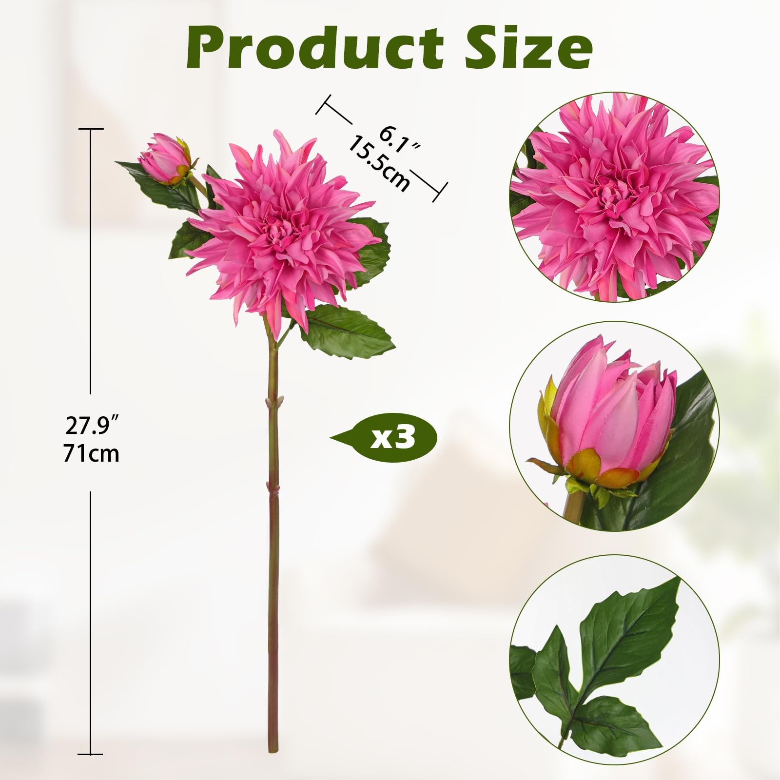 Artificial Dahlia Flowers – Set of 3 | 27.9″ Tall Real-Touch Silk Dahlia Stem…
