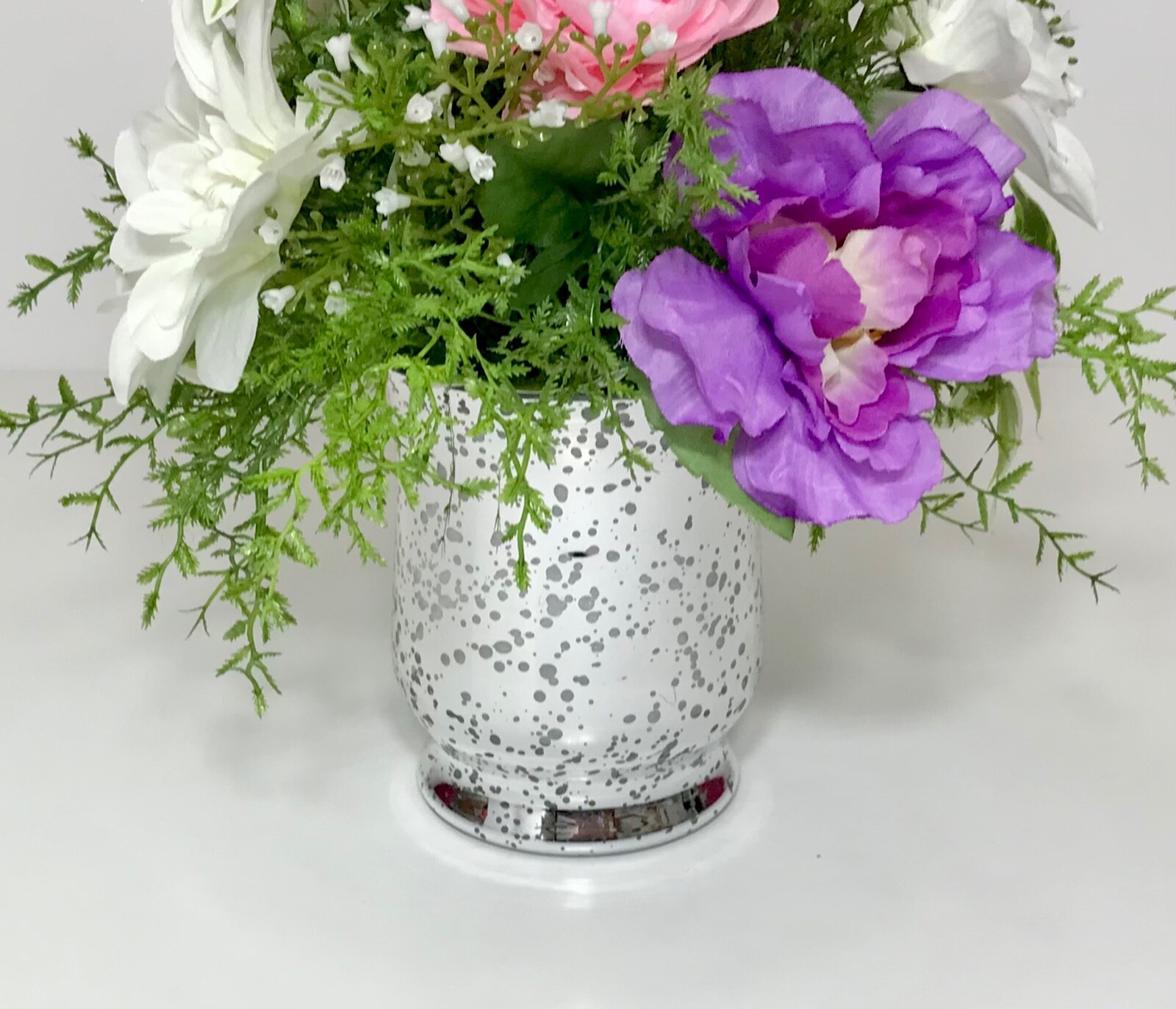 PINK PURPLE WHITE FLOWERS ARRANGEMENT MIRRORED GLASS VASE CENTERPIECE GIFT NEW