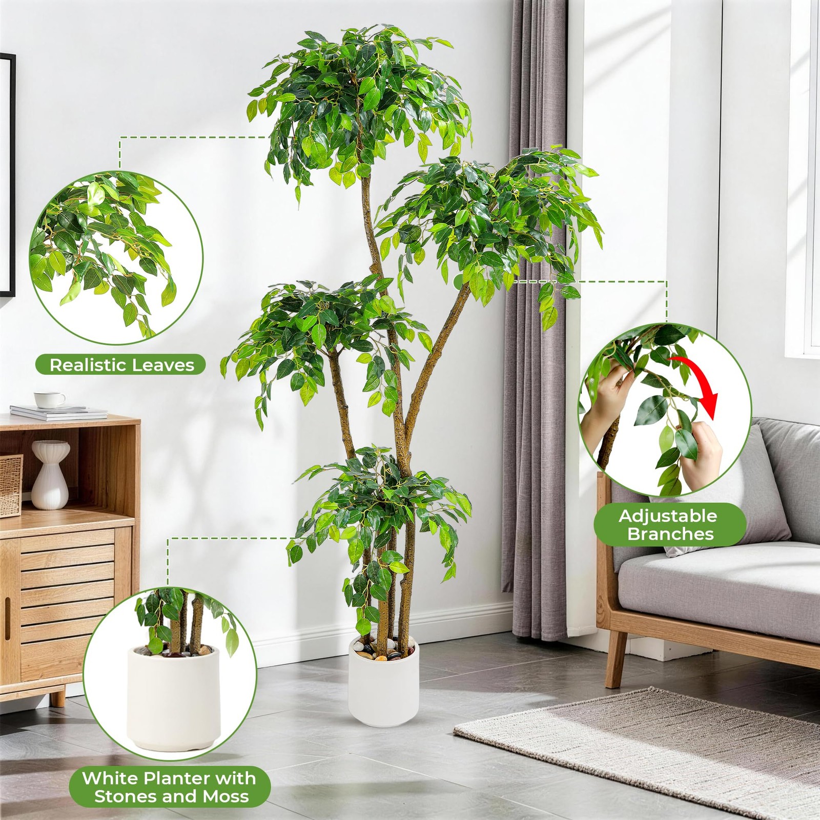 6FT Artificial Ficus Tree with White Planter and Pebbles,Faux Silk 6ft, Green