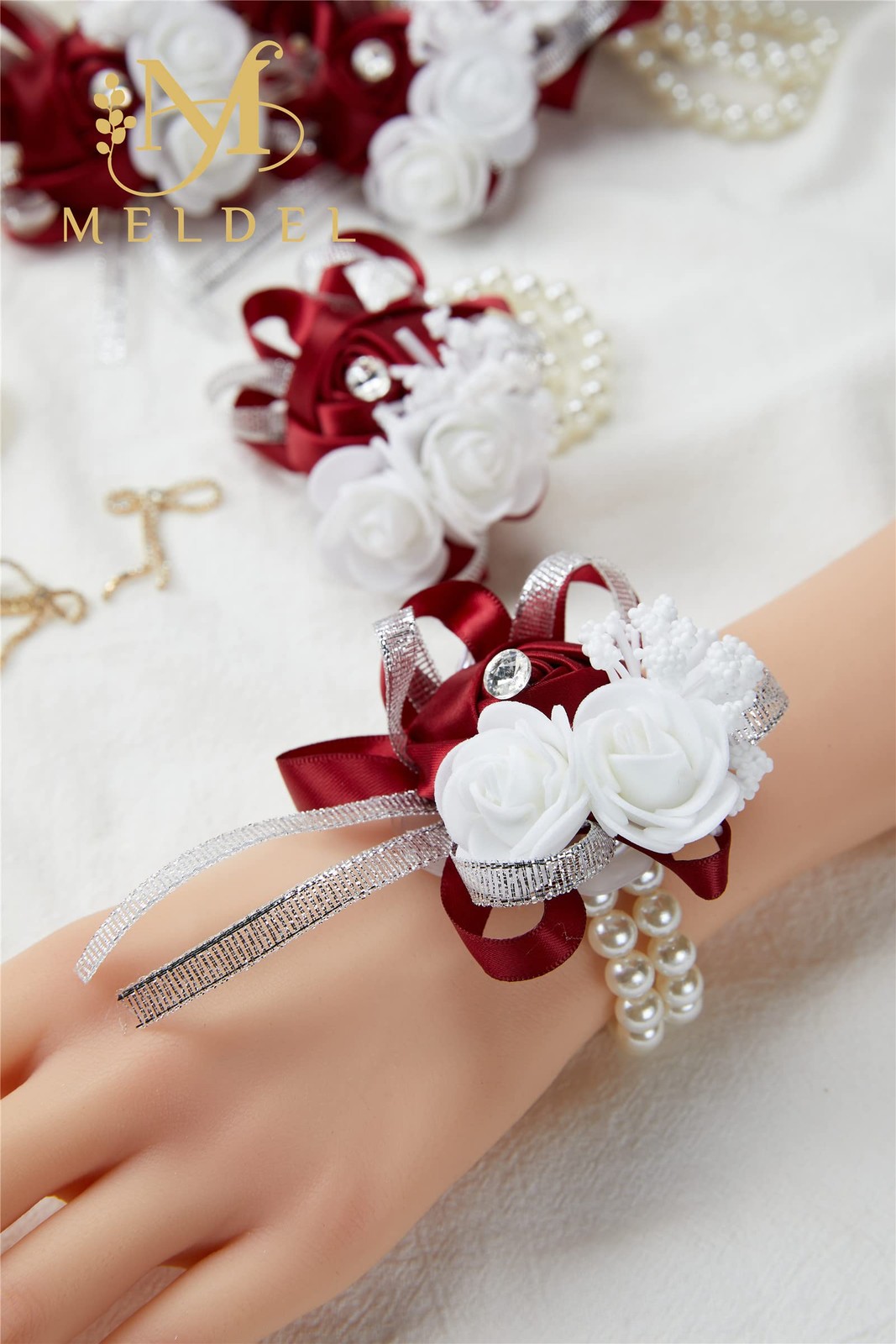 4 PCS Burgundy Wrist Corsage Wedding Rose Wine Red Set For Prom Bridal