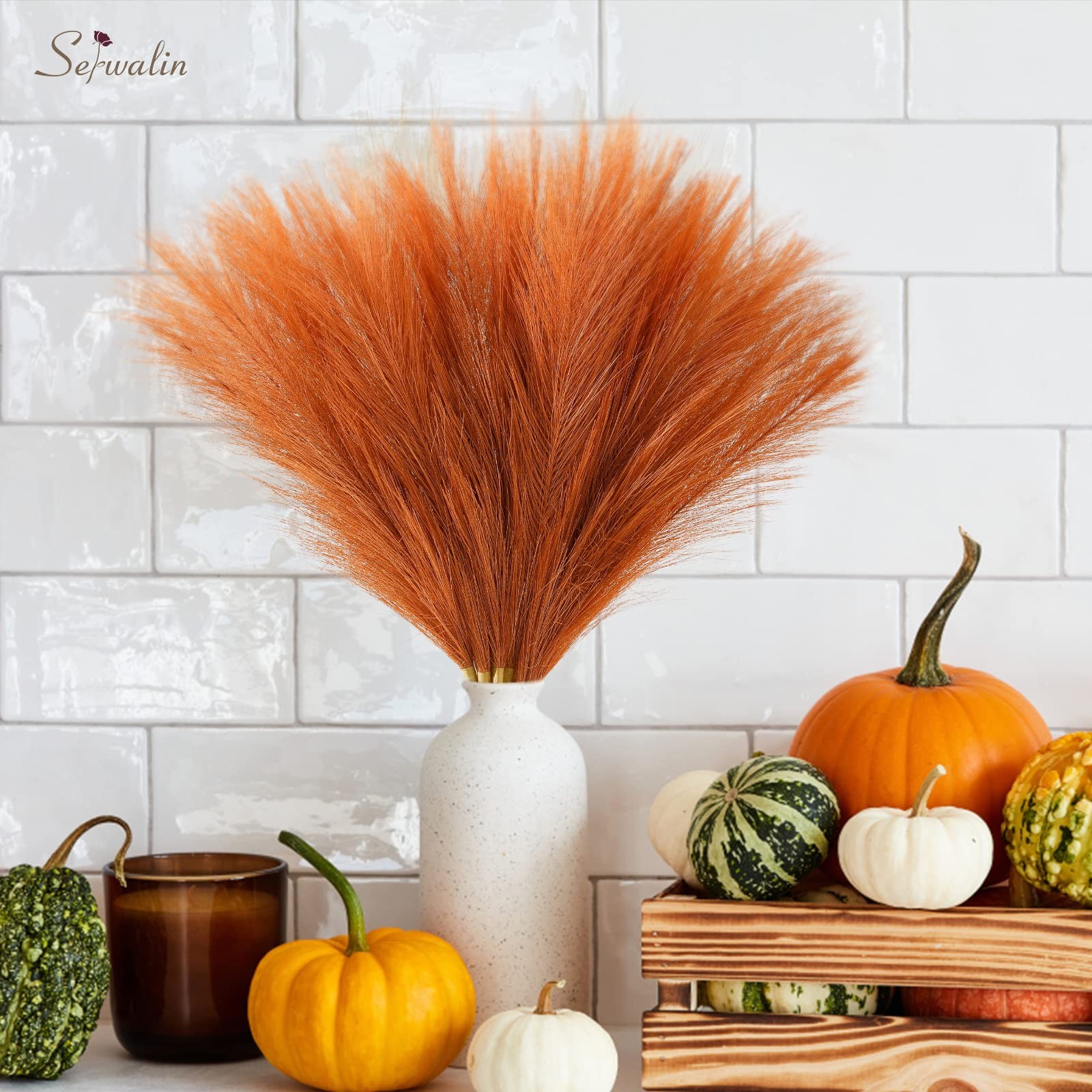 Pampas Grass Decor 17.7 Inch 6 Pcs Orange Pampas Grass, Faux Burnt Orange Pam…