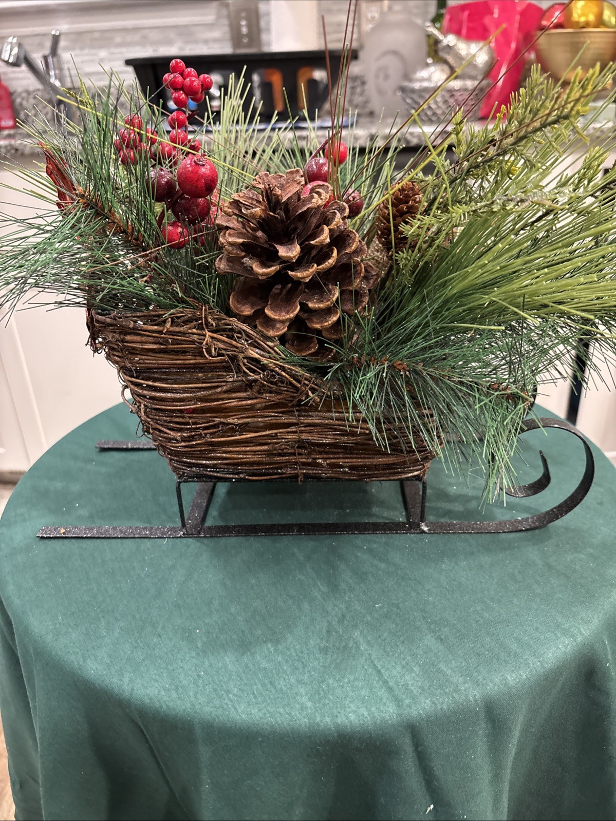 Holiday Sleigh Metal & Wood Mixed Floral Piece Pines Cones Berries Bow Preowned
