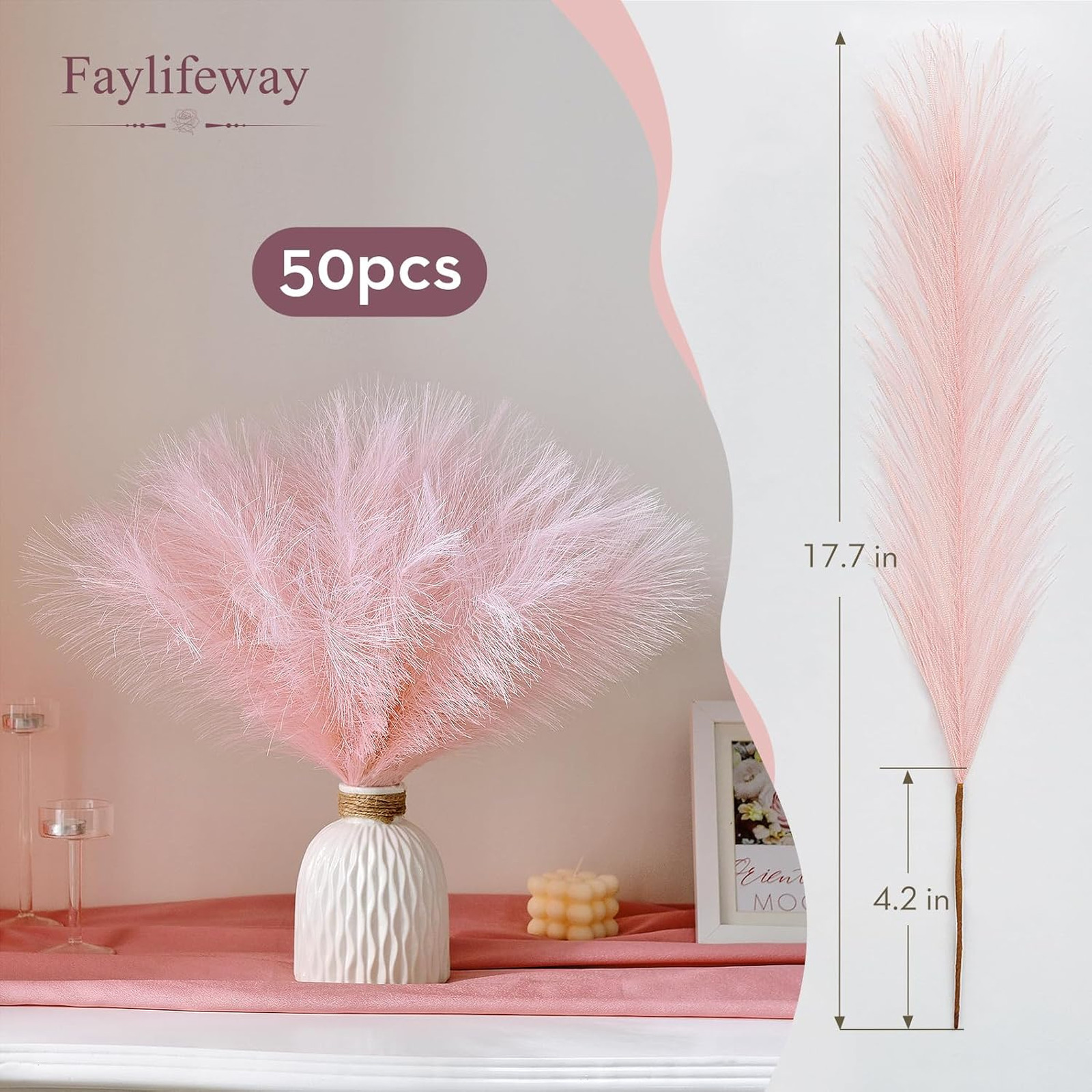 50 Pcs Artificial Pampas Grass Stems Pink Fluffy Decor for Living Room Wedding