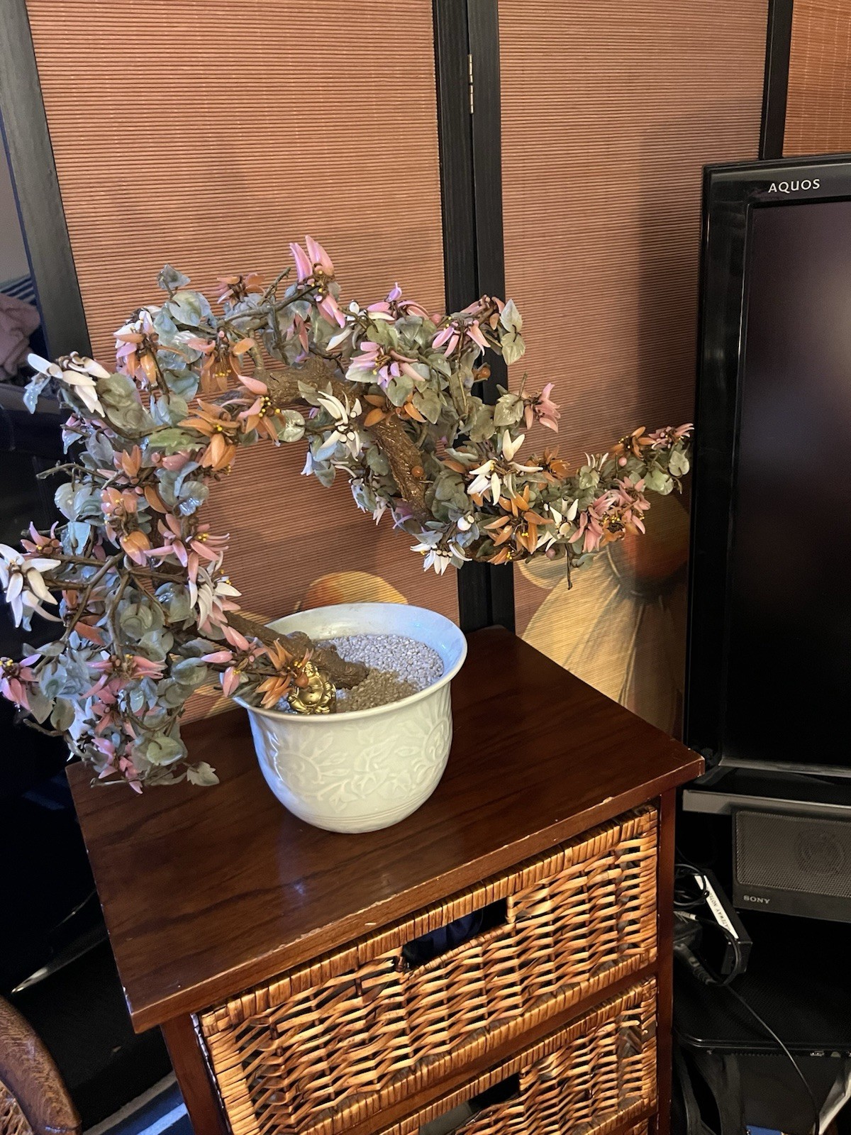 Artificial Bonsai Tree Houseplant, Jade and Green/Pink/White, Flower Pot