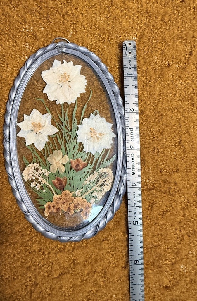 Pressed Flower Art Oval Glass Wall Decor 7in Dried Floral Arrangement