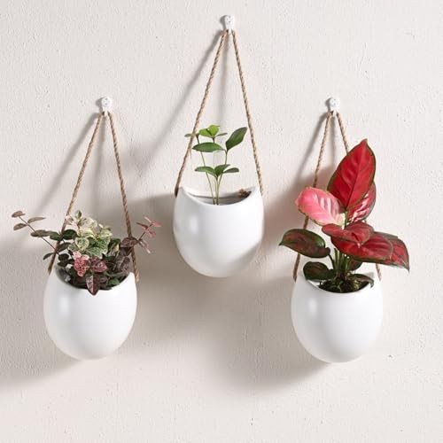 Ceramic Wall Planters with Hooks, Set of 3 Hanging Pocket Standard White