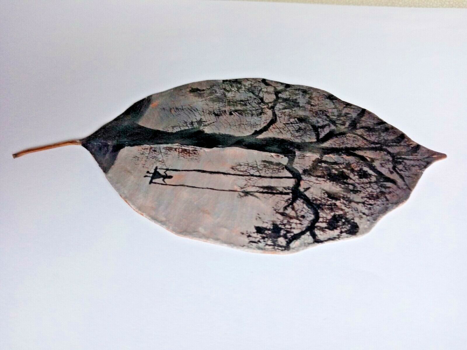 Hand Painted Leaf Art Miniature Dry Acrylic Landscape Drawing Signed By Artist