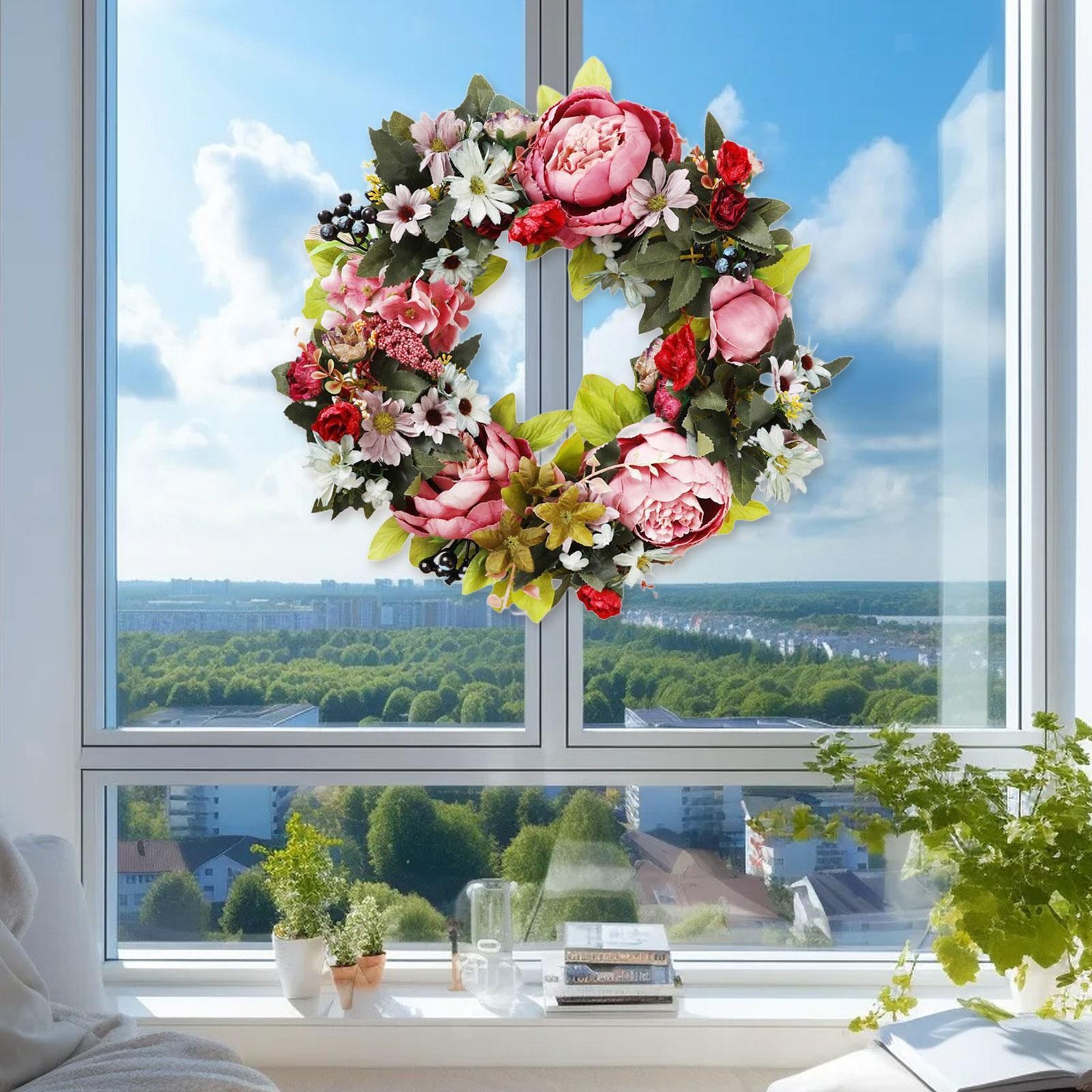 Artificial Peony Wreath Garland 15.75inch Spring Wreath for Front Door