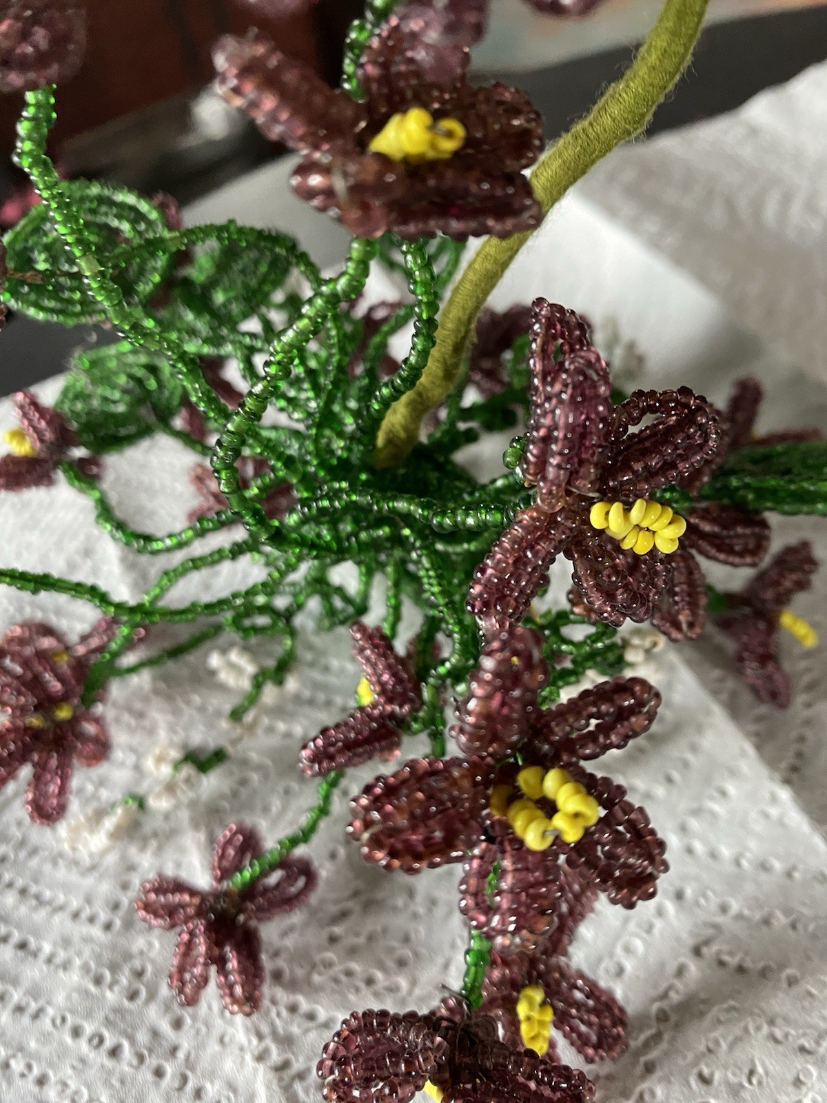 Vtg French Glass Beaded Purple Green Yellow Flower Bouquet Floral Arrangement