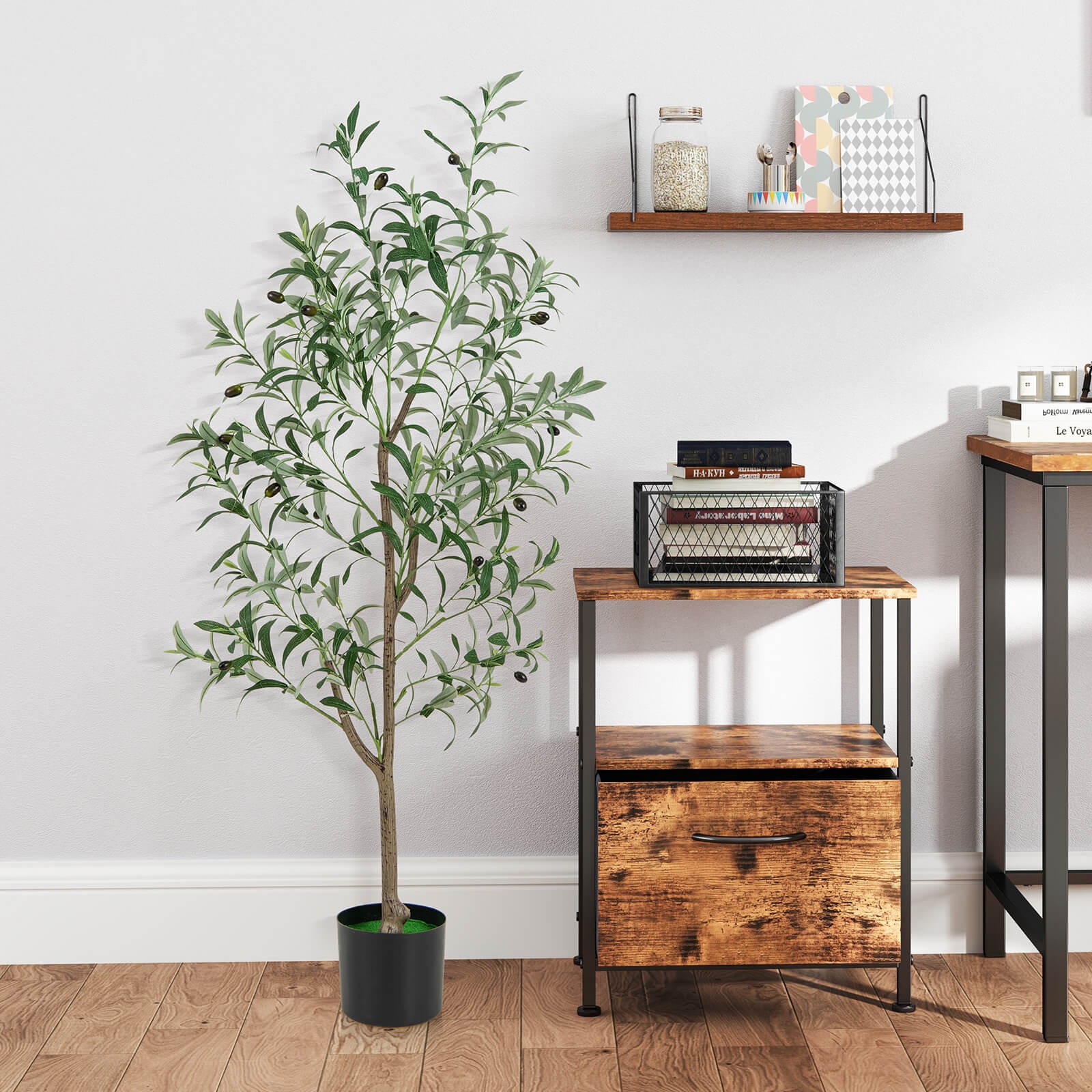 4.5 FT Tall Artificial Olive Tree Set of 2 Fake Potted Trees w/ Realistic Fruits