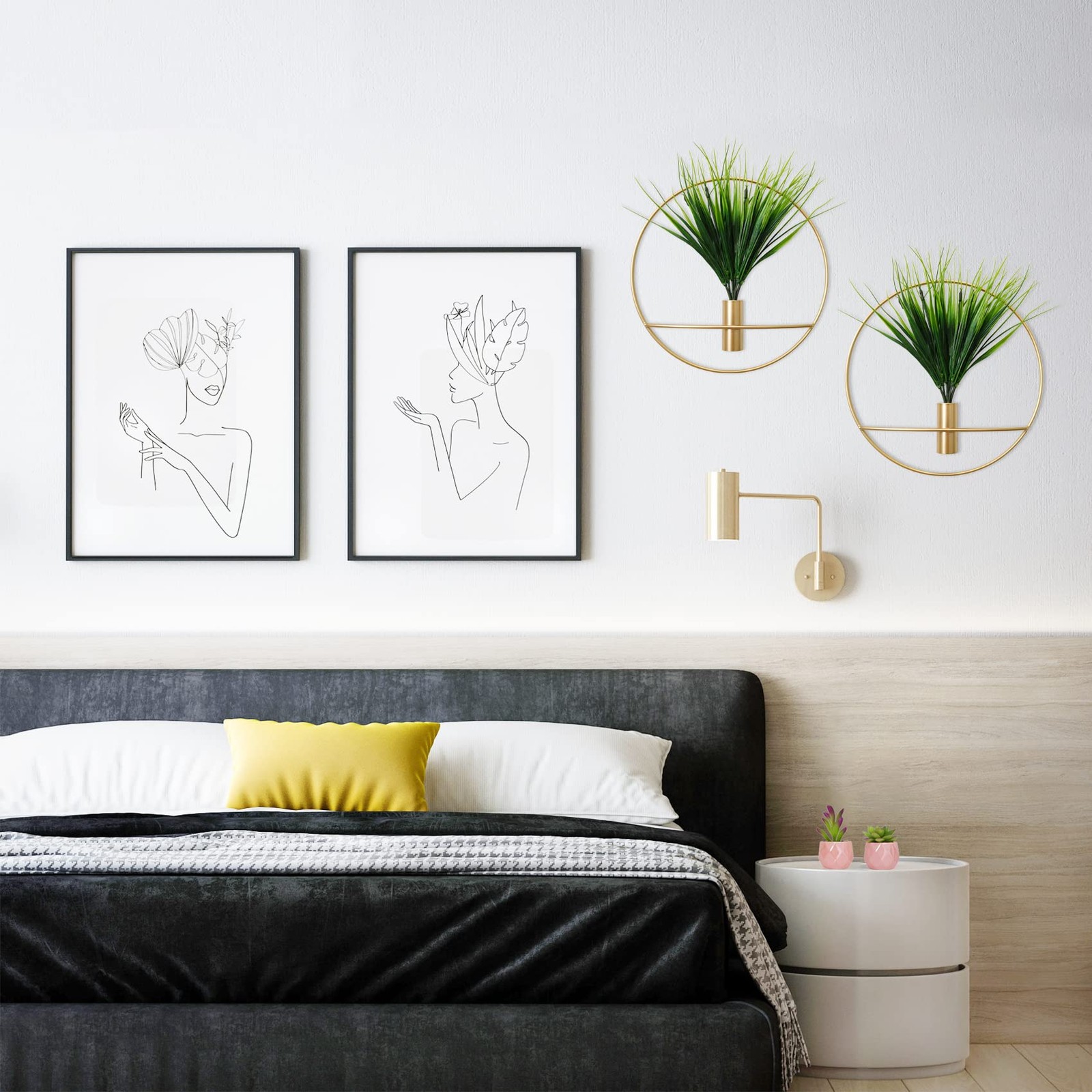 Set of 2 Artificial Plants with Gold Metal Round Hanging Hoop for Wall Decor,…