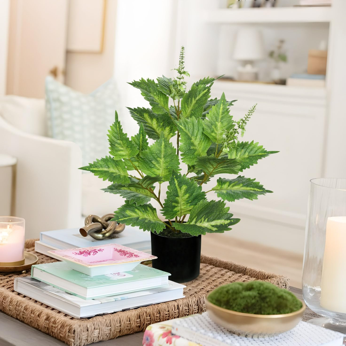 Artificial Plants Indoor with Pot 16.9″ Faux Potted Perilla Plants Indoor Decora