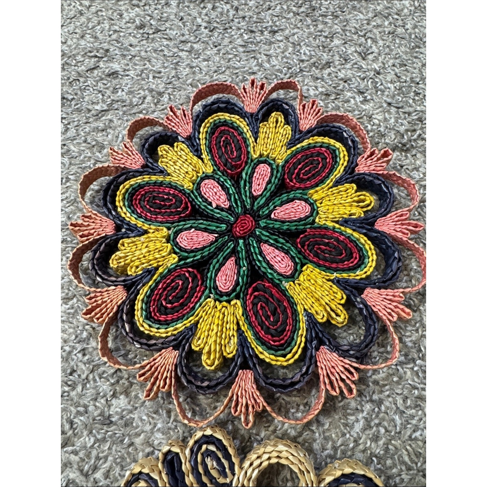 Vintage Woven Raffia Straw Trivet Bundle Pink Tan