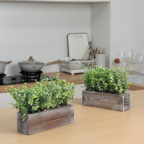 2 Pack Artificial Eucalyptus Plant in Rustic Rectangular Wooden Planter Box Gree