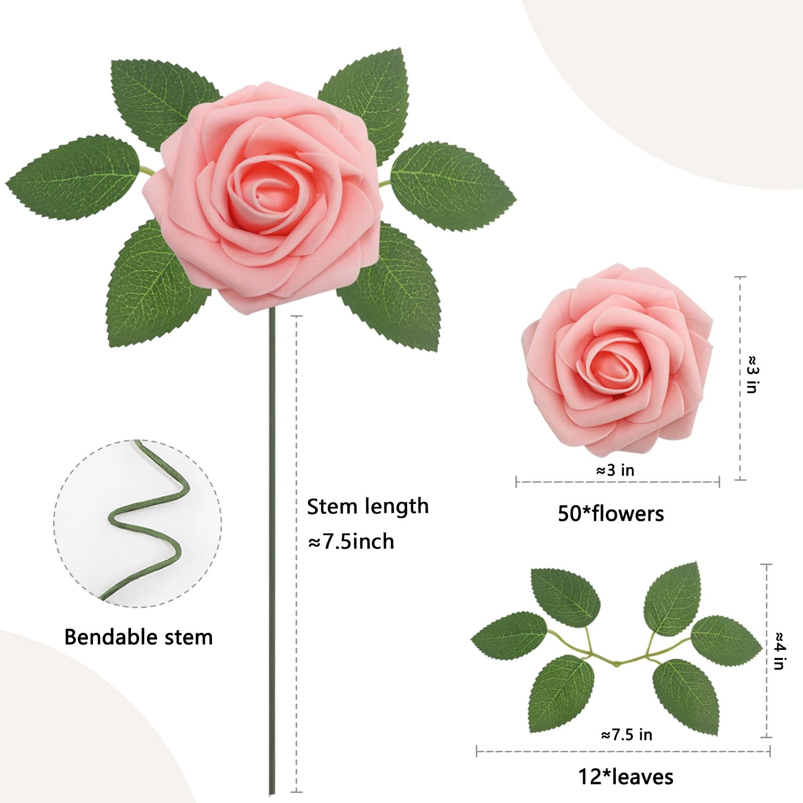 50 PCS Pink Artificial Flowers Roses Foam Fake With Leaves DIY Wedding Decor