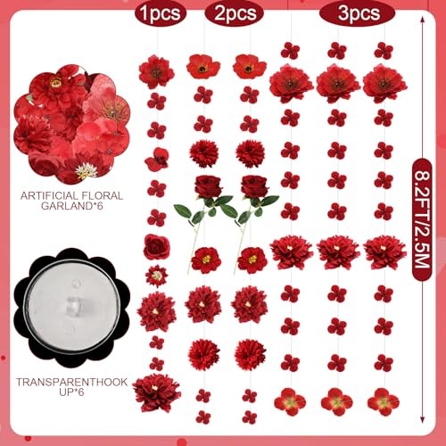 6 Pack Valentine’s Day Garlands 50ft Artificial Red Rose Hanging Decoration