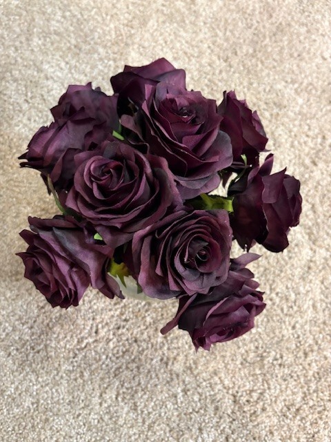 Faux Purple Roses Arrangement in Acrylic Water Vase Nearly Natural. 12×5″