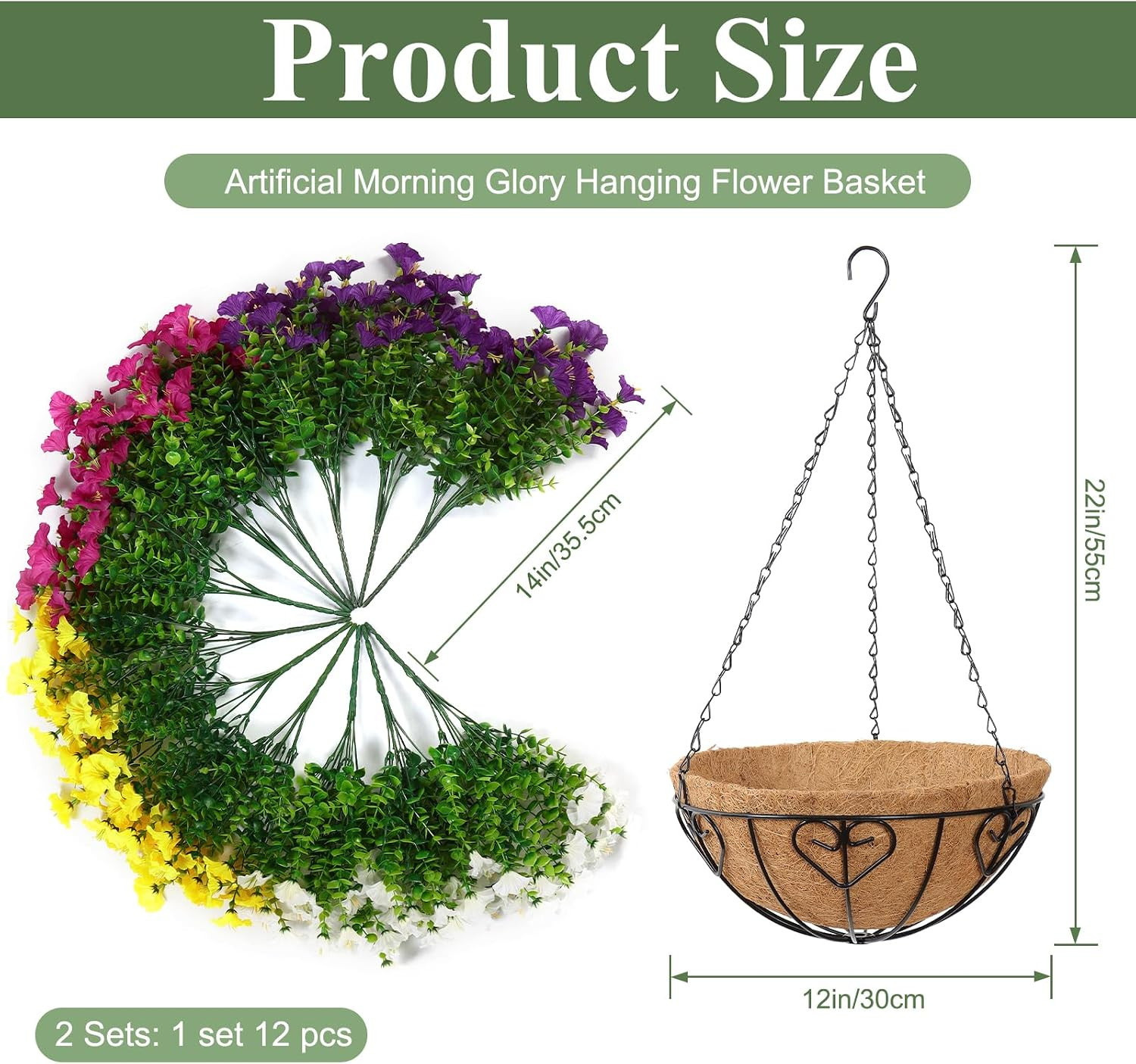 Faux Silk Morning Glory Hanging Flower Baskets – 2 Set for Indoor/Outdoor Decor