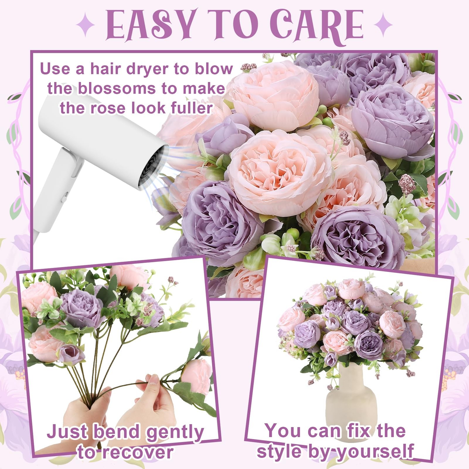 8 Pack Pink, Purple Peonies Artificial Flowers, Fake Silk Hydrangea Bouquet f…
