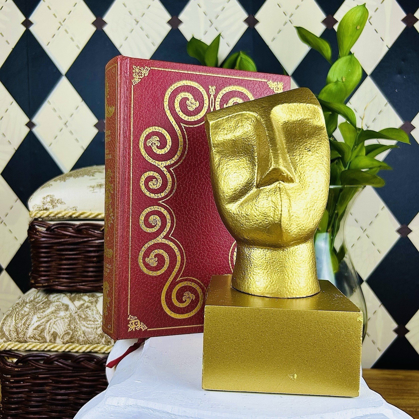 Golden Abstract Face Sculpture Modernist Hollywood Regency Décor