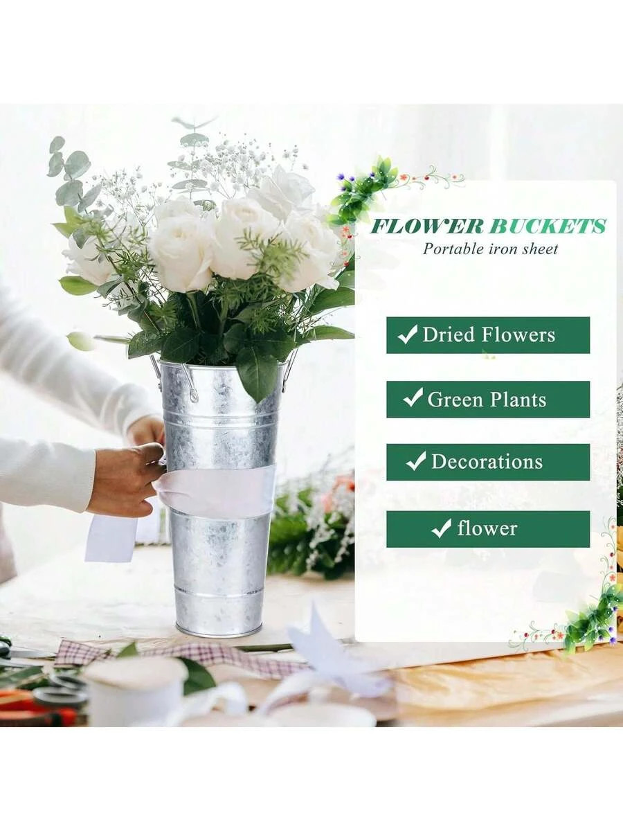 6 Pack Silver Retro Flower Buckets w/ Scissor Wedding Home Decor
