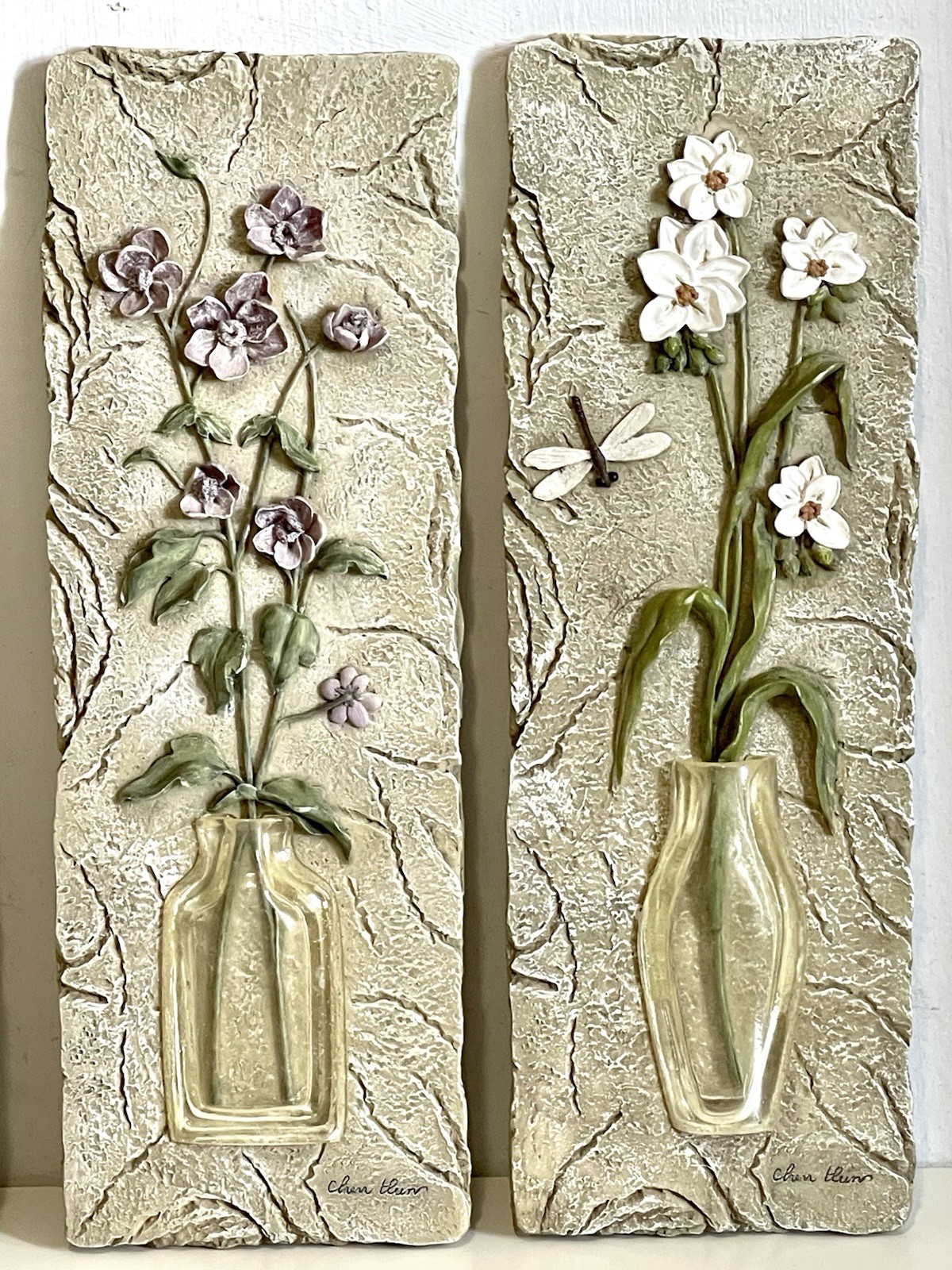 4 Cheri Blum Floral Wall Art 3D Tile Plaque Long Stem Translucent Clear Vase VTG
