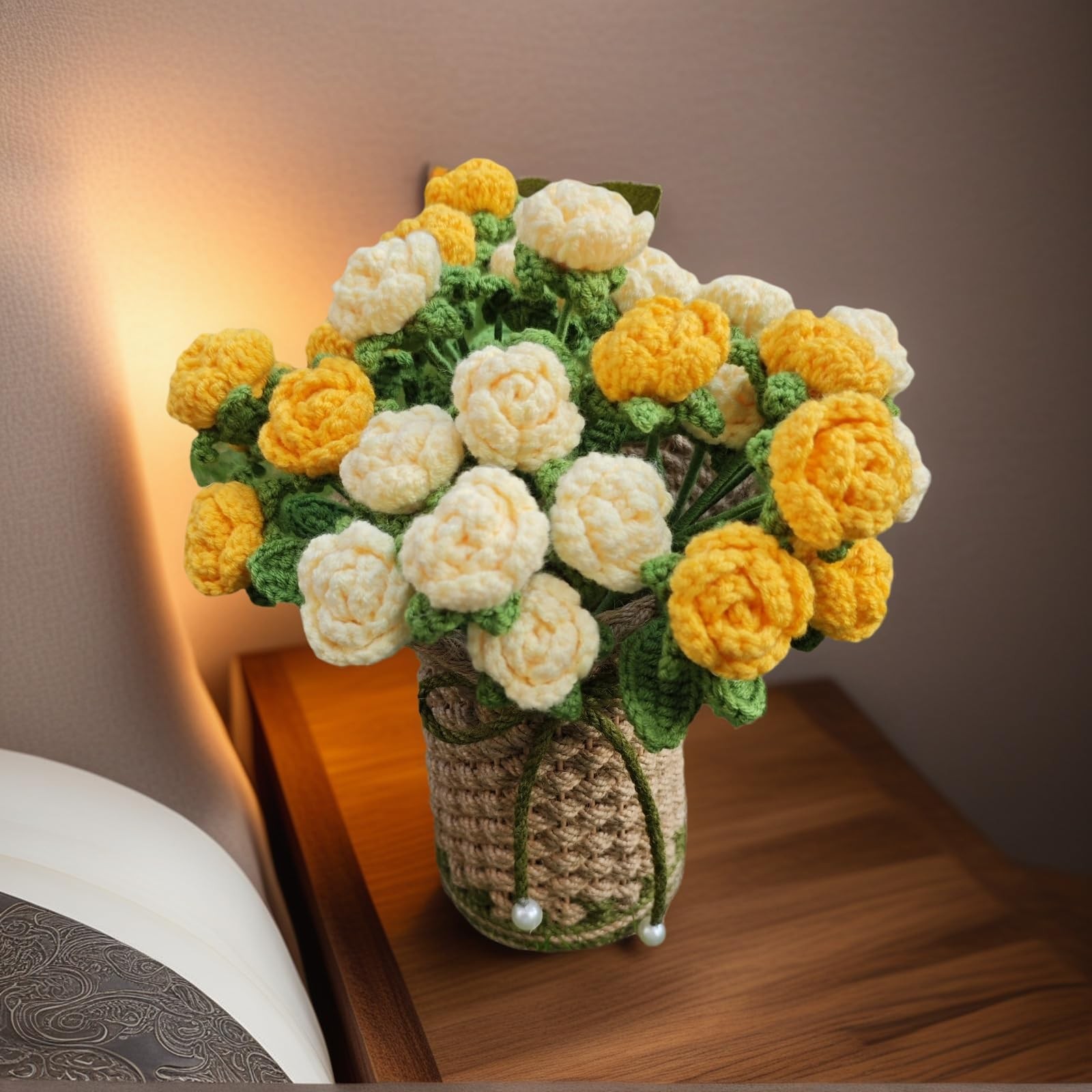 Crochet Red Roses Artificial Flowers Bouquet with Knitted Flower Vase Mothers…