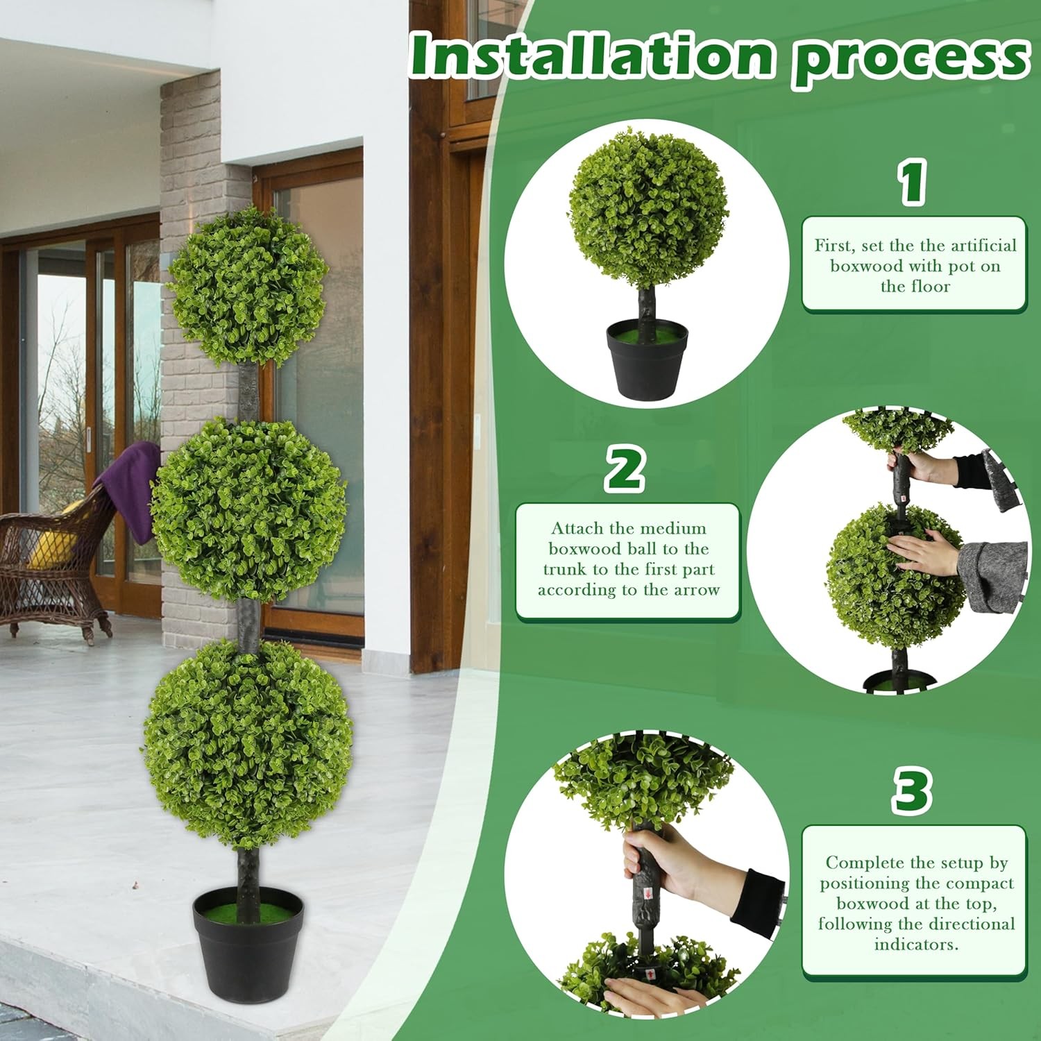 2 Pack Artificial Topiary Ball Tree 4FT Set of 2 Faux Triple Balls Tree in Pot