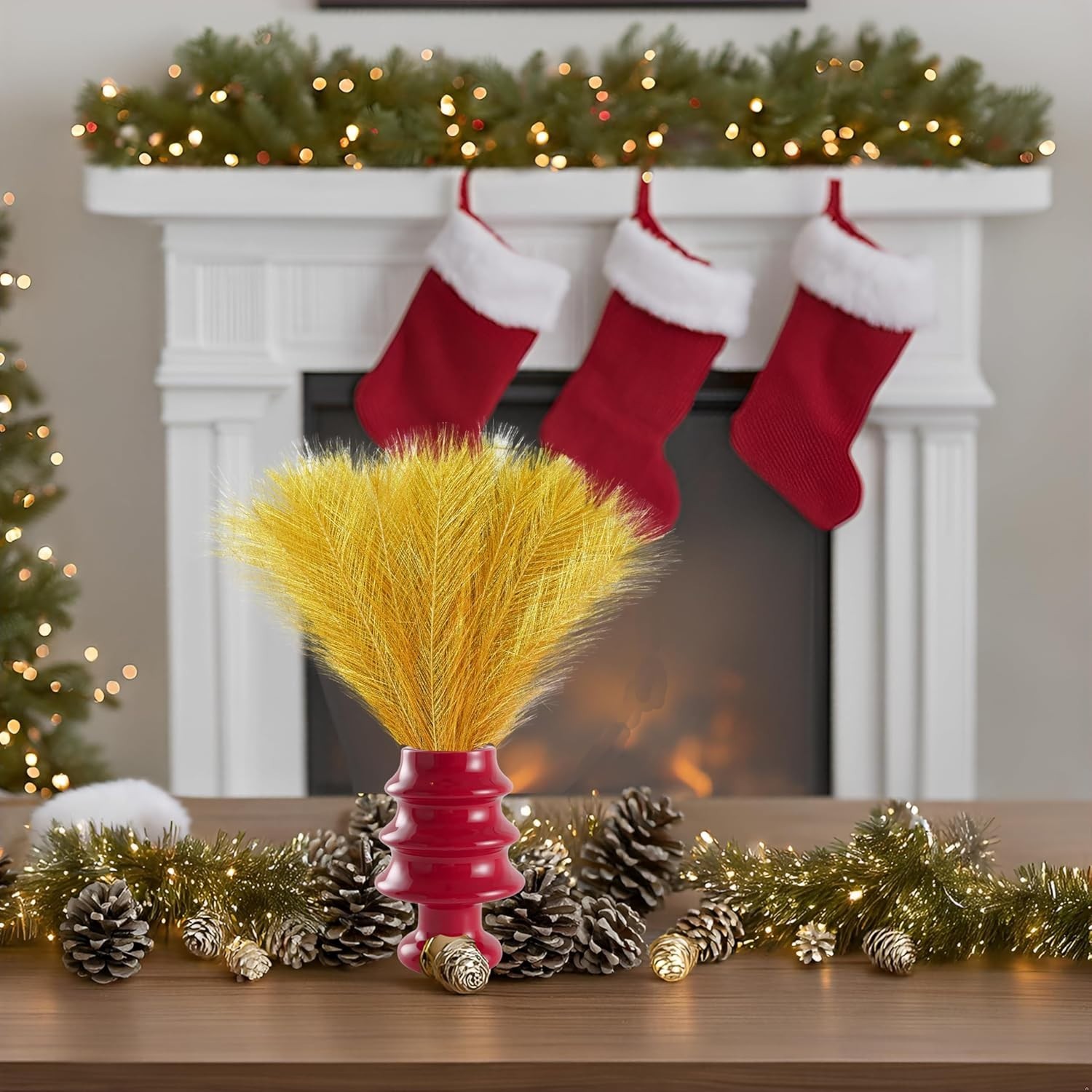 Gold Silk Pampas Grass Bouquet – 20 Fluffy Stems, 17.7in for Elegant Home Decor