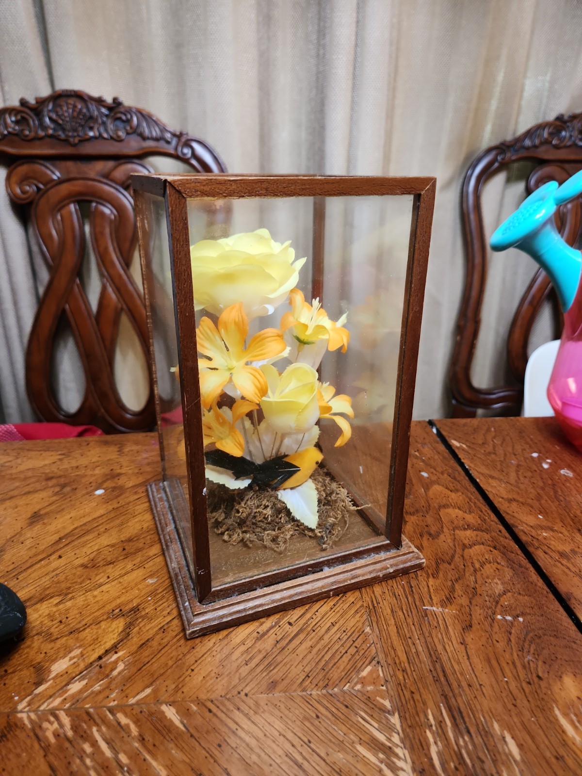 Vtg Artificial Flower Arrangement Bird 9″ Tall Glass Box on Wood Base &Top Rare