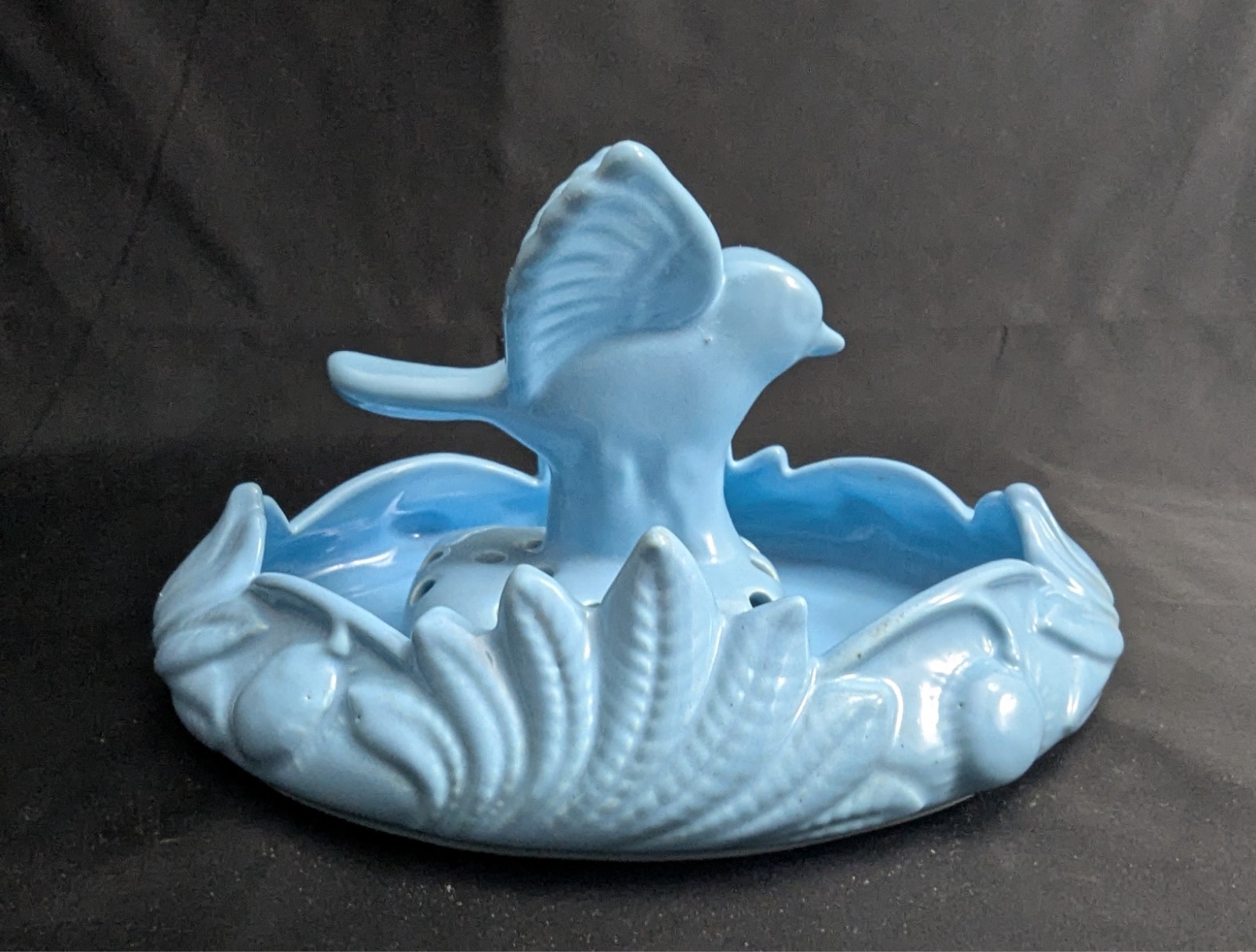 Vtg Camark Art Pottery Blue Shallow Bowl Planter & Bird Flower Frog Set (S4)