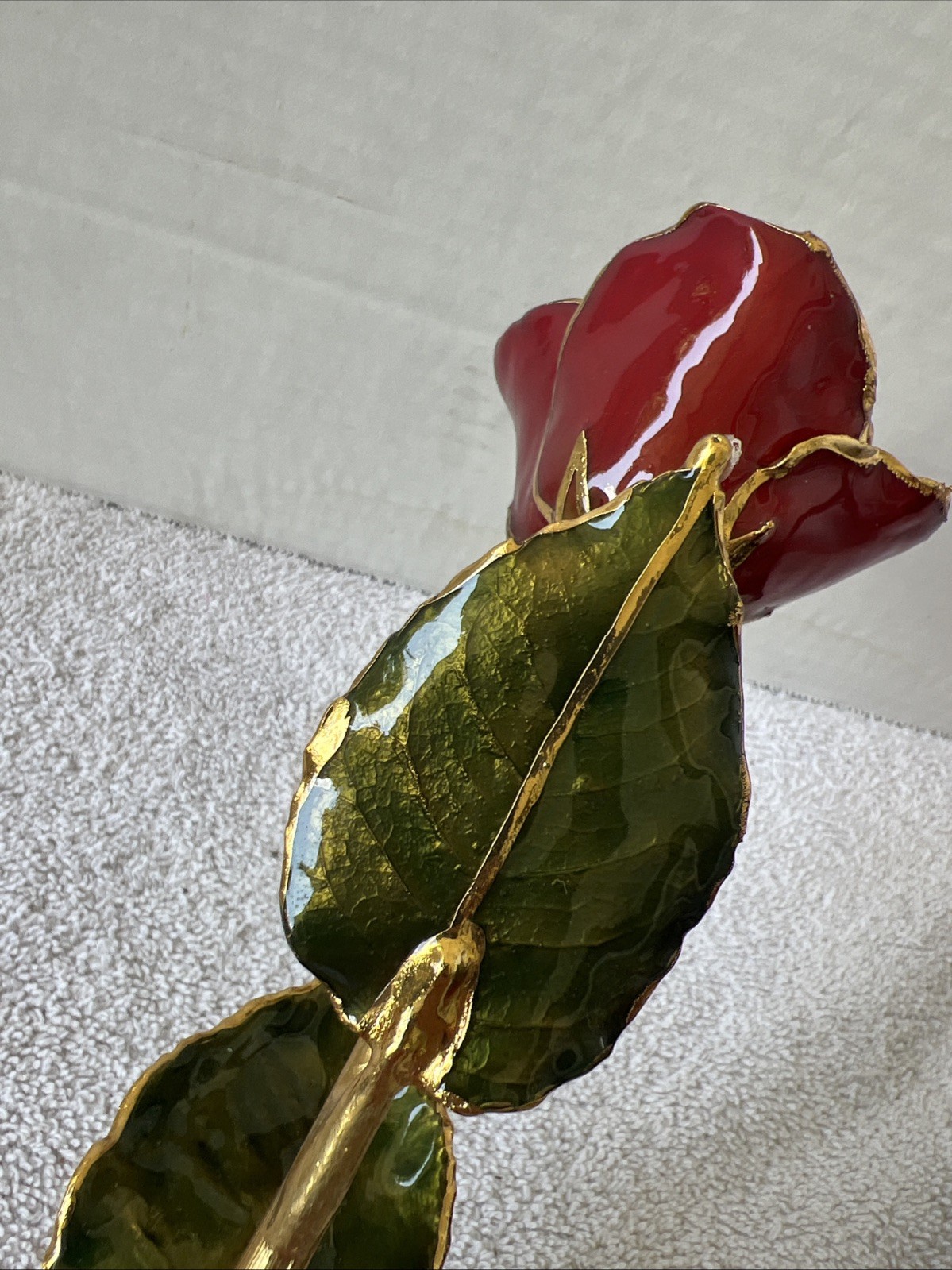 Handcrafted Preserved Red Rose Gloss Laquered With 24K Gold Plated Trimmed